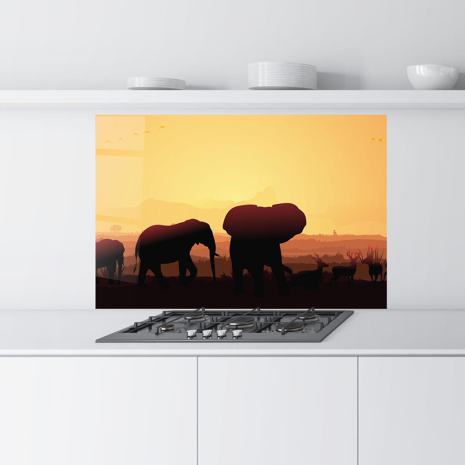 Küchenrückwand Glas Elephant Shilouette Sunset mockup 9