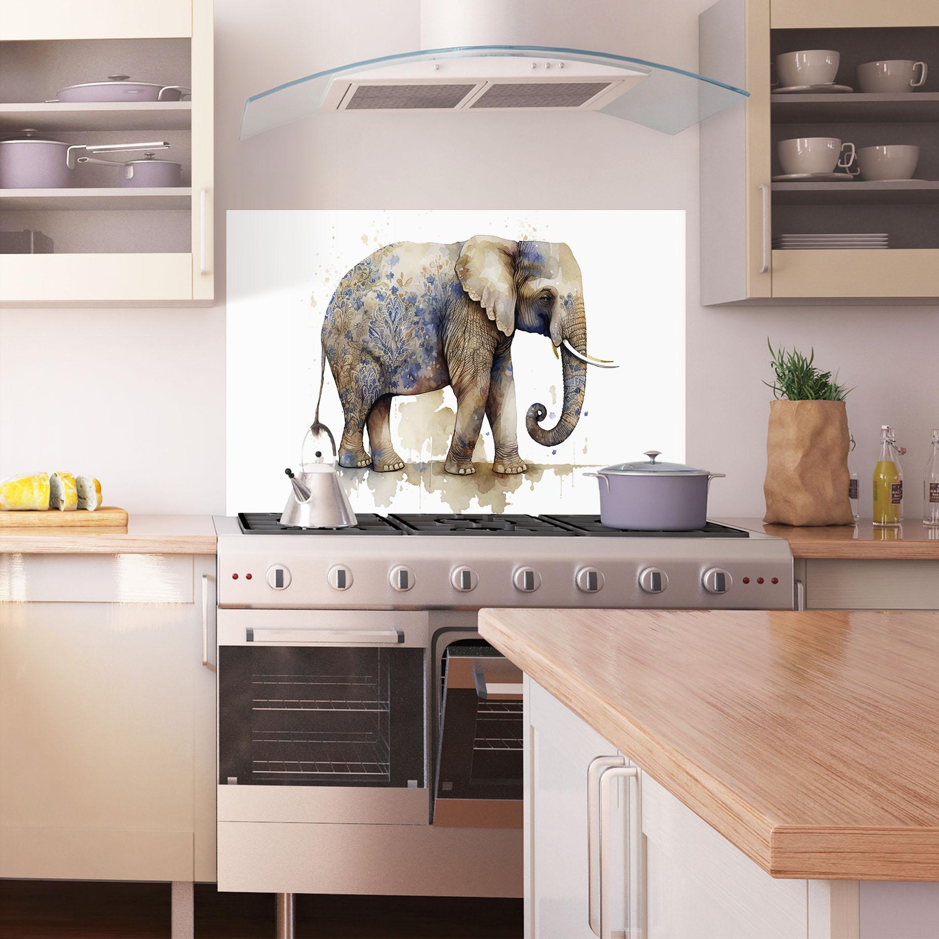Küchenrückwand Glas Blue Grey Elephant mockup 1