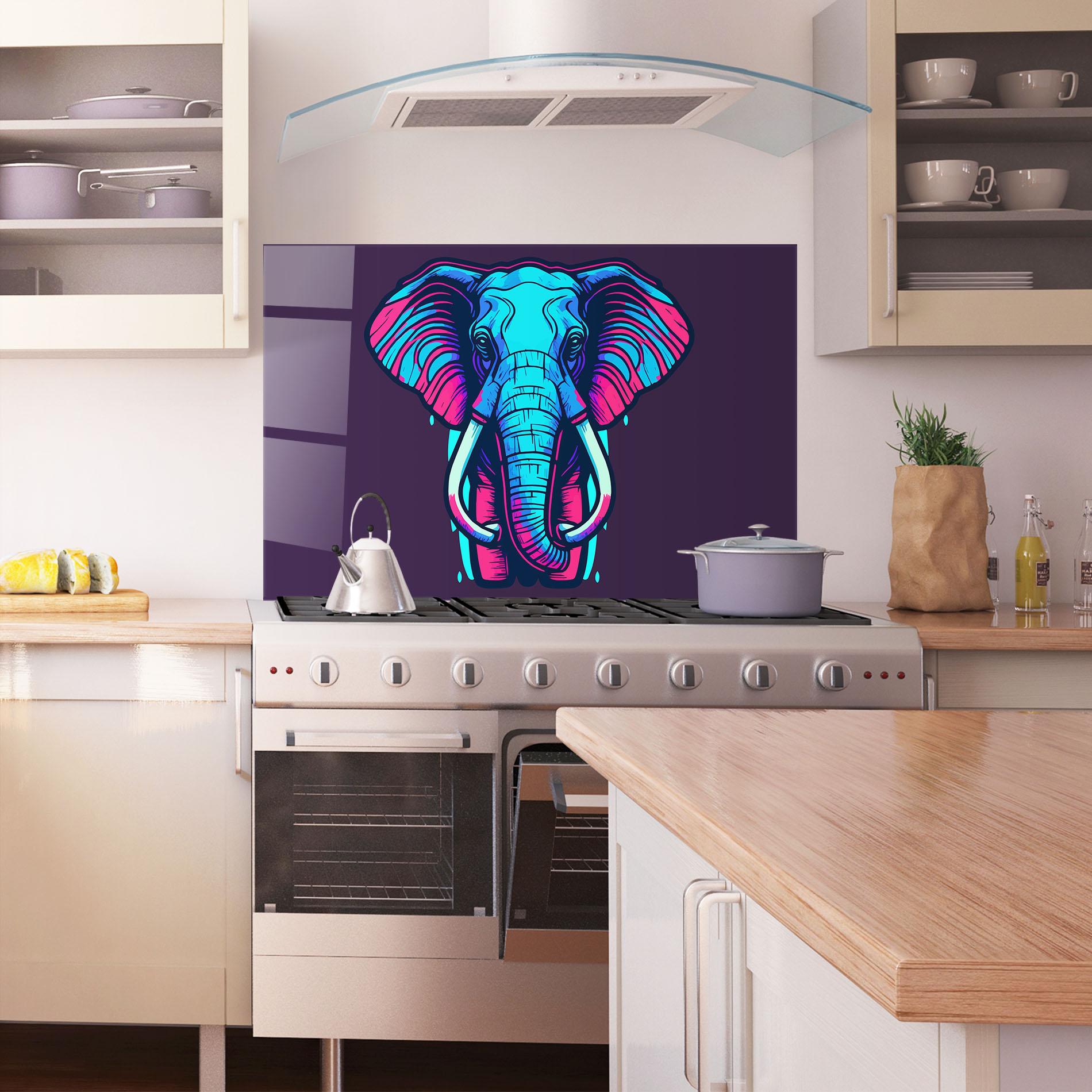 Küchenrückwand Glas Pink Blue Elephant mockup 1