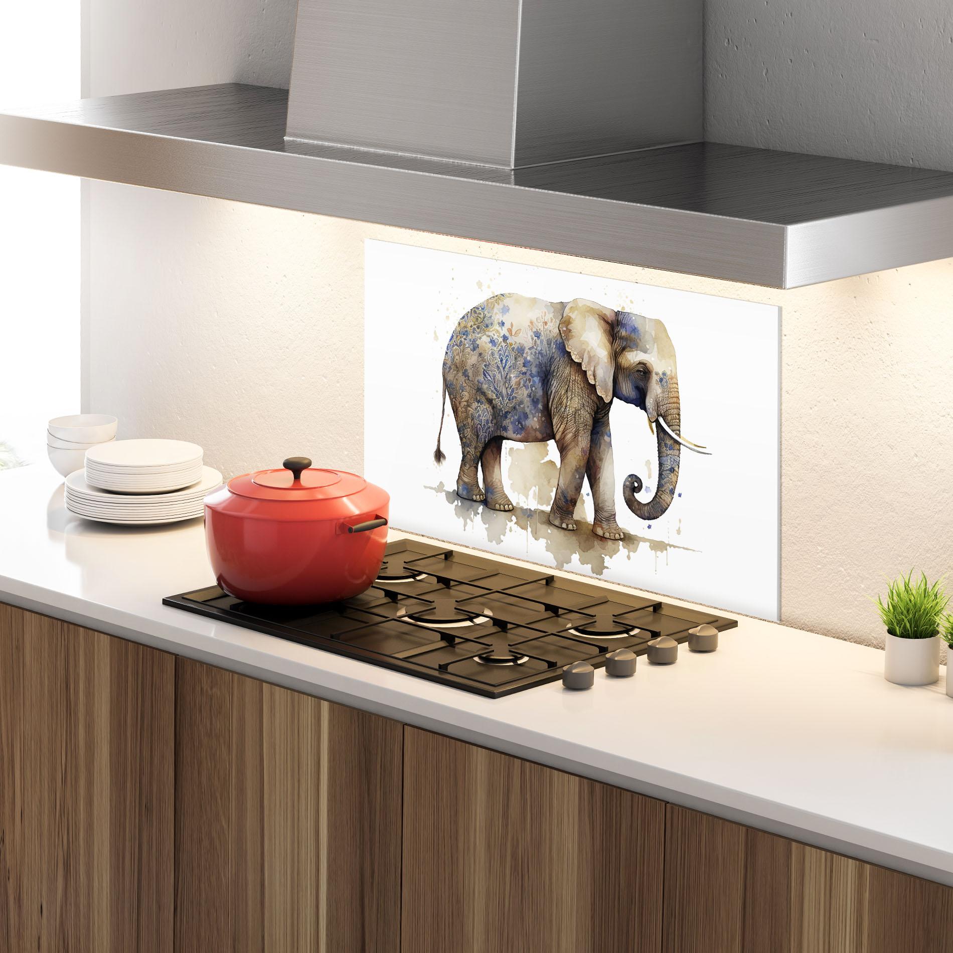 Küchenrückwand Glas Blue Grey Elephant mockup 4
