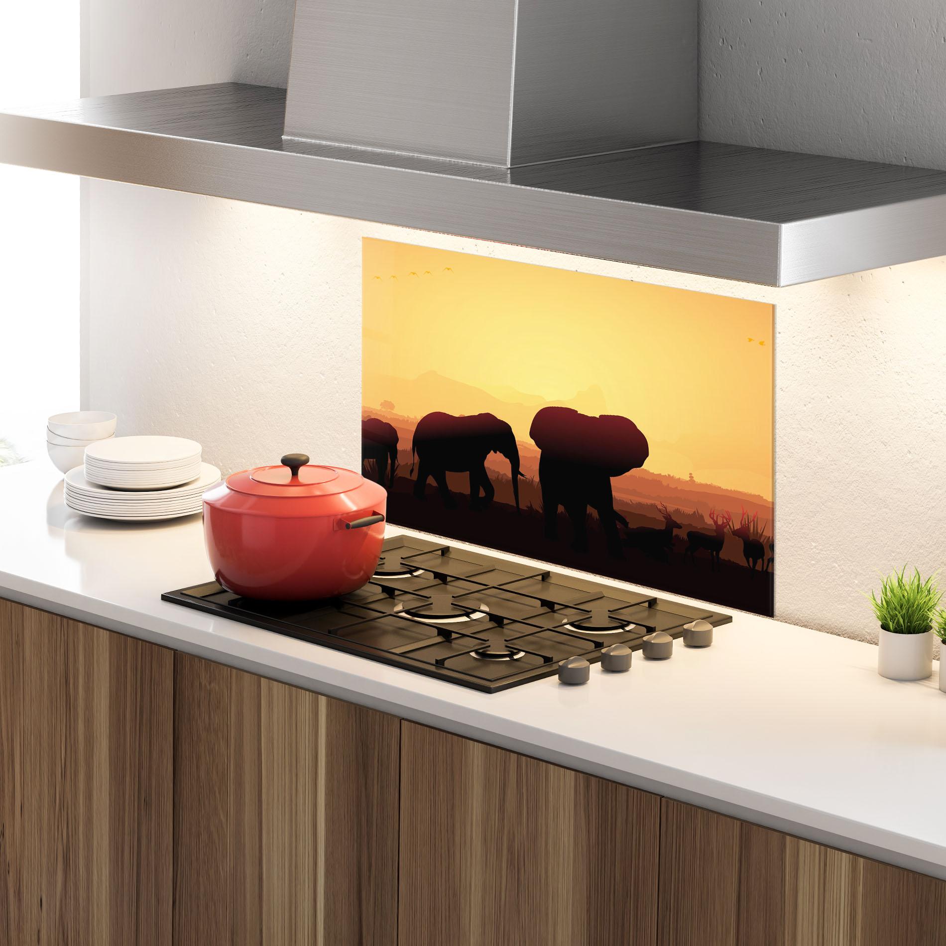 Küchenrückwand Glas Elephant Shilouette Sunset mockup 4