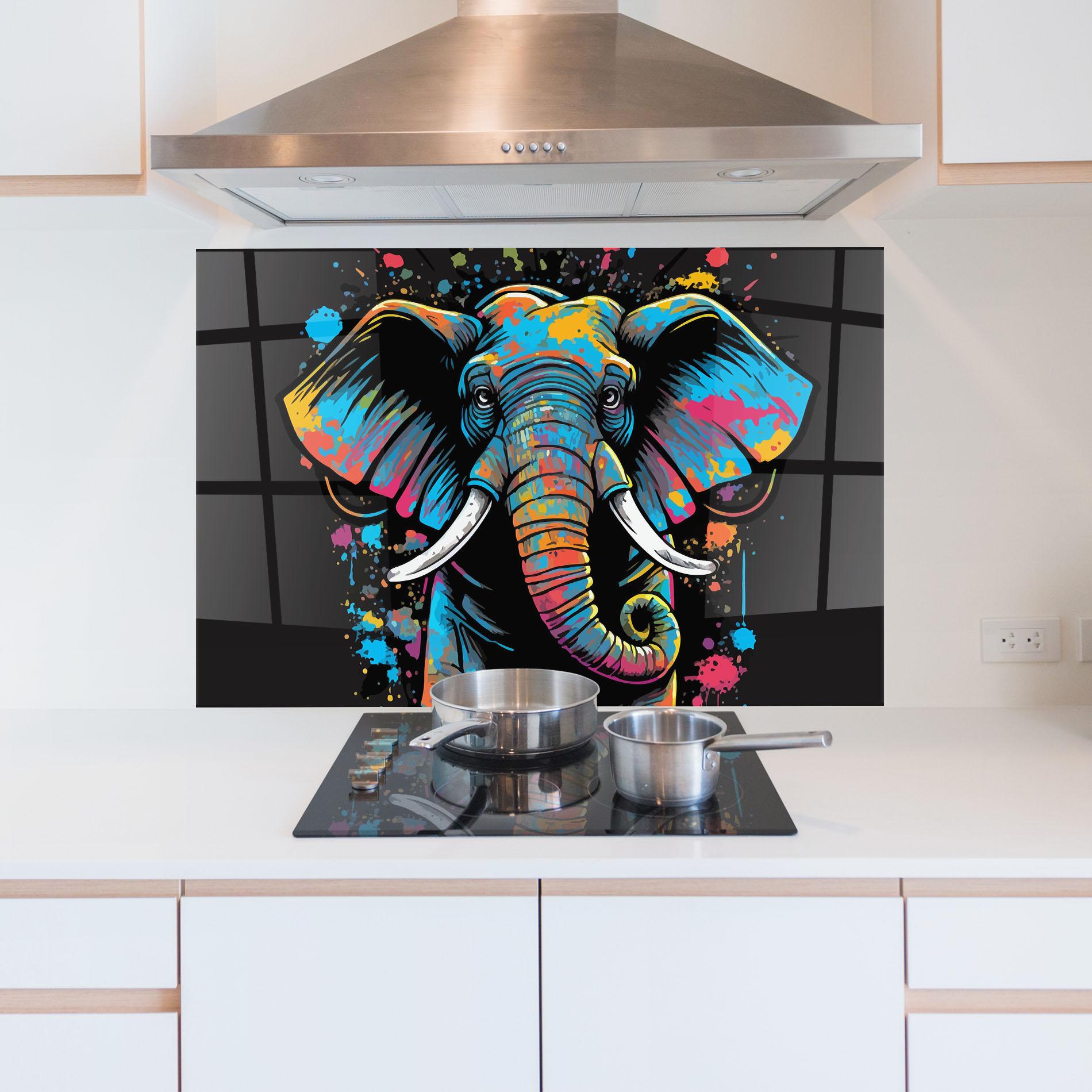 Küchenrückwand Glas Colorful Grey Elephant mockup 5