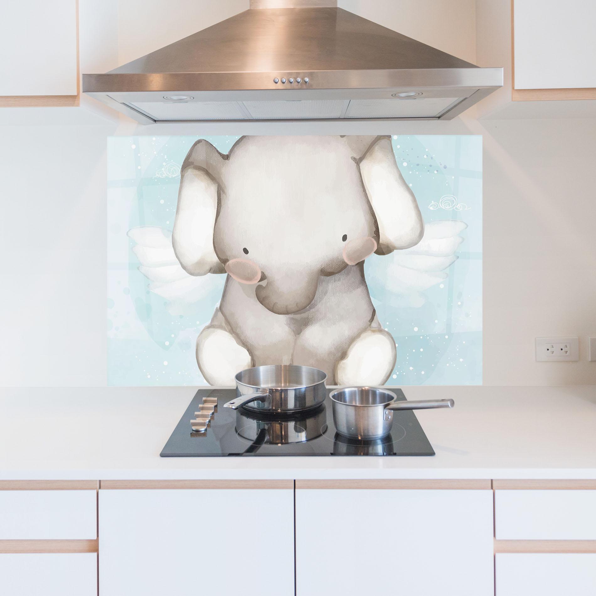 Küchenrückwand Glas Elephant On Blue mockup 5