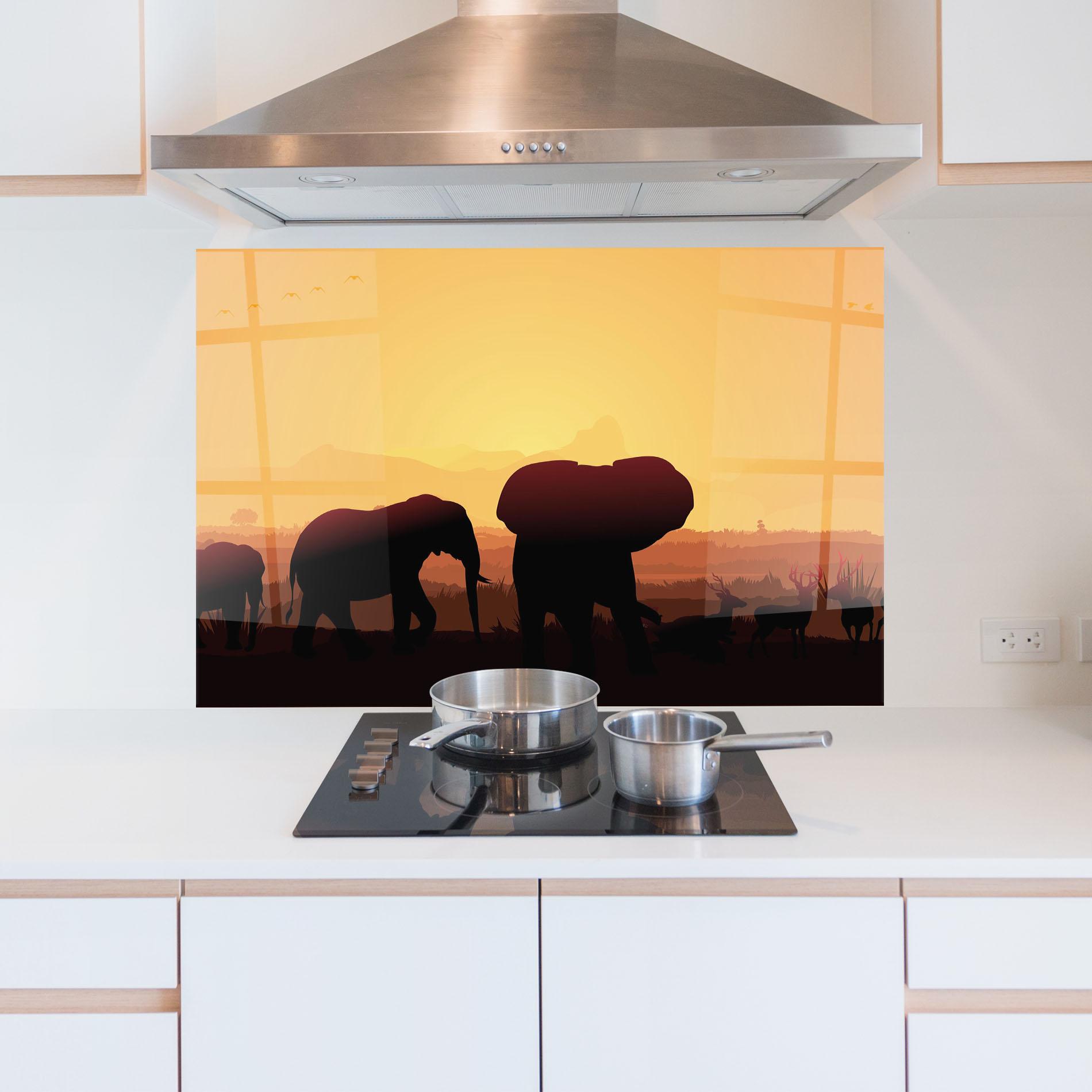 Küchenrückwand Glas Elephant Shilouette Sunset mockup 5