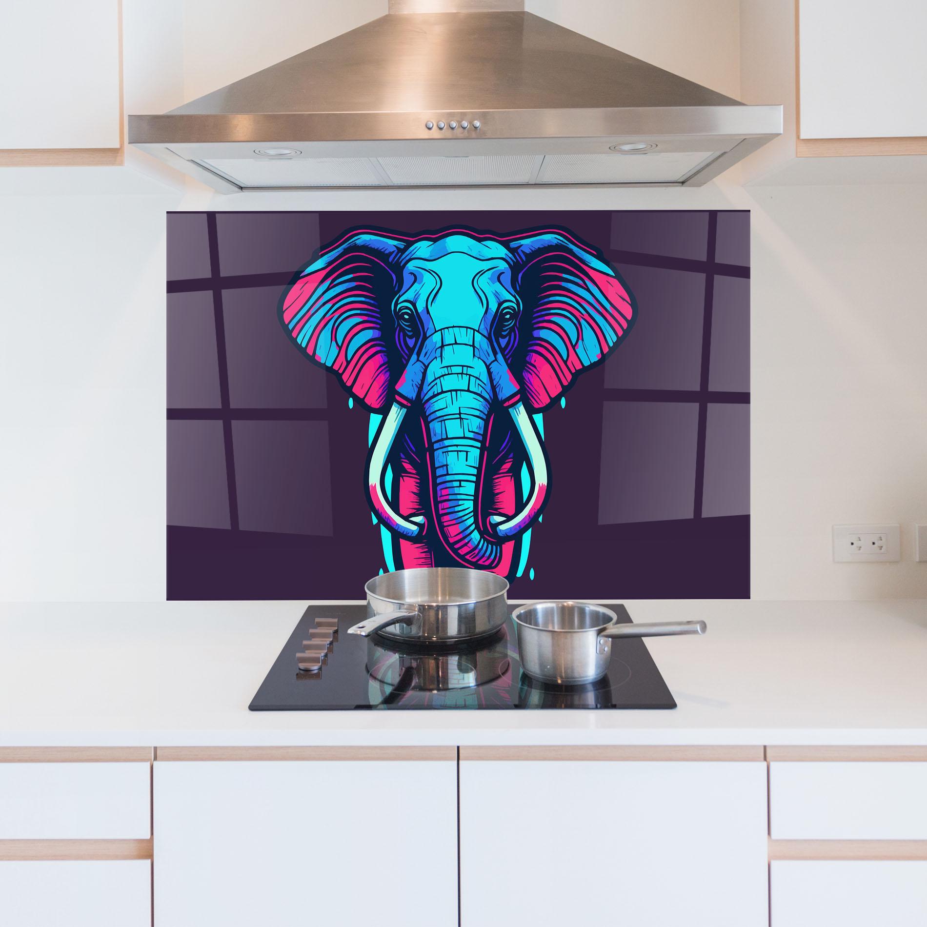 Küchenrückwand Glas Pink Blue Elephant mockup 5