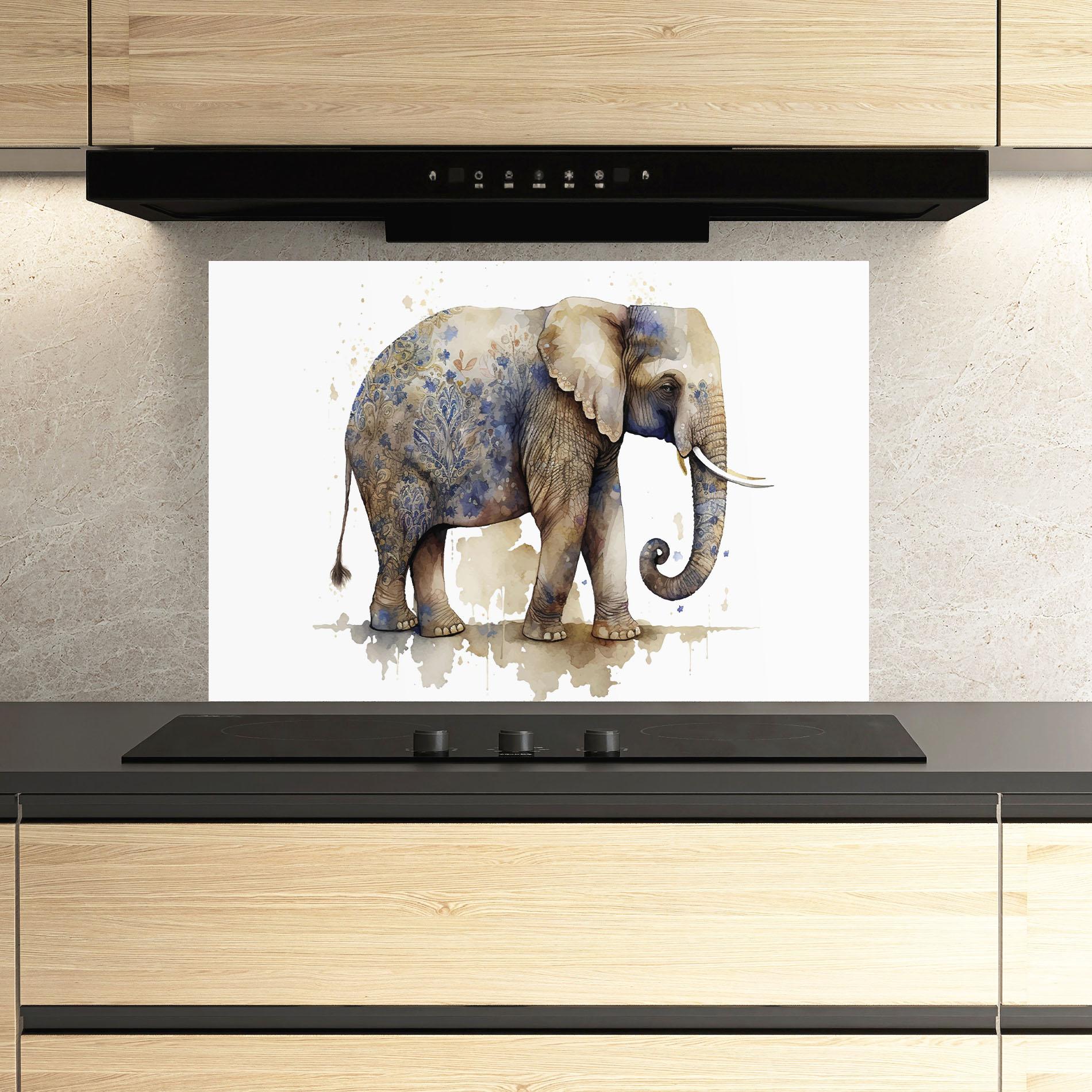 Küchenrückwand Glas Blue Grey Elephant mockup 3
