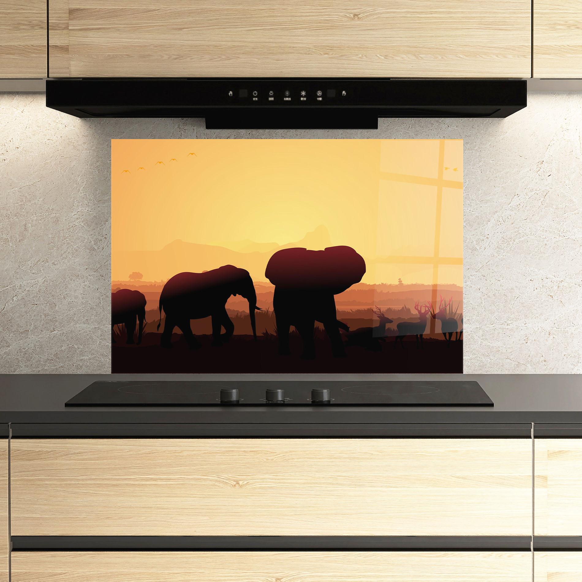 Küchenrückwand Glas Elephant Shilouette Sunset mockup 3