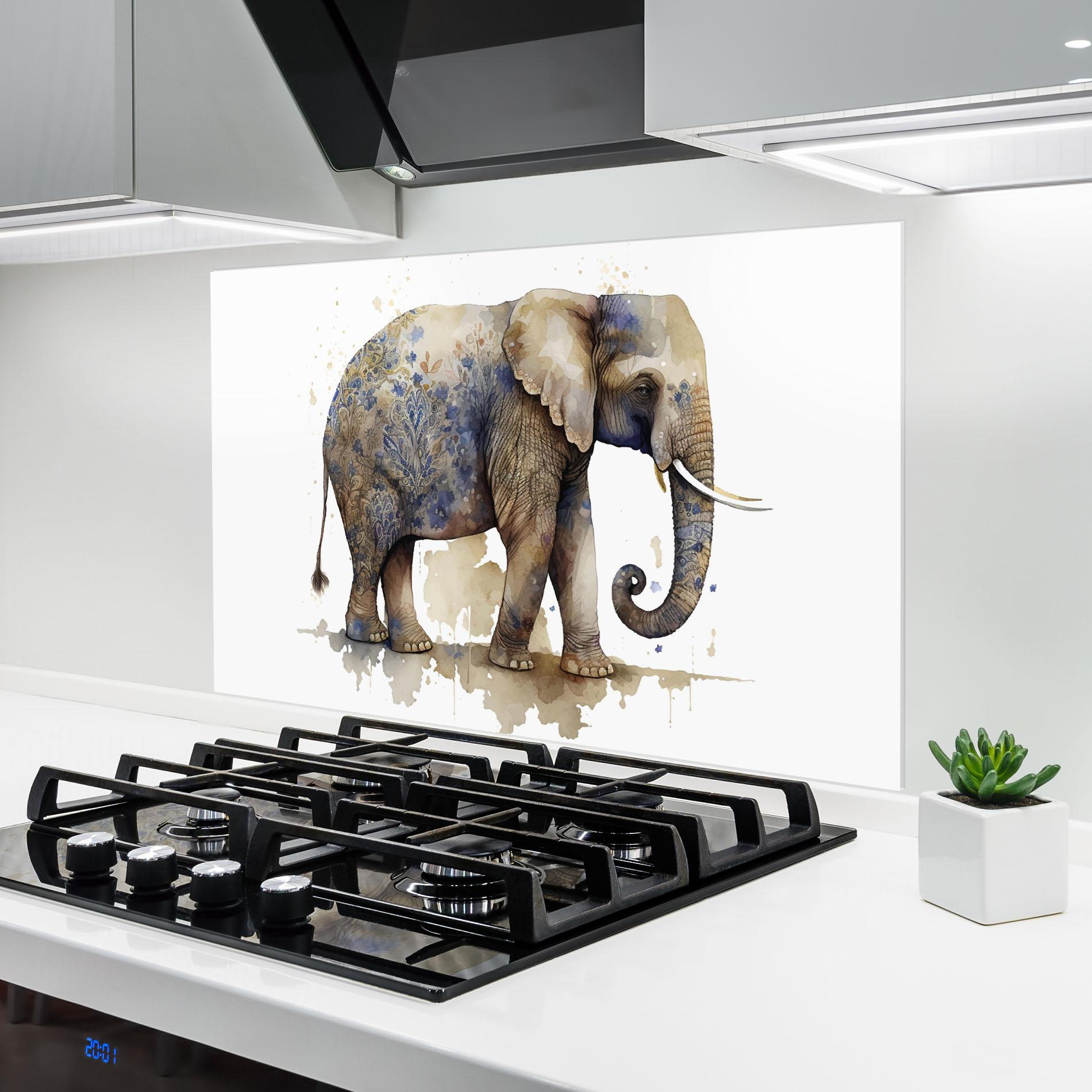 Küchenrückwand Glas Blue Grey Elephant mockup 6
