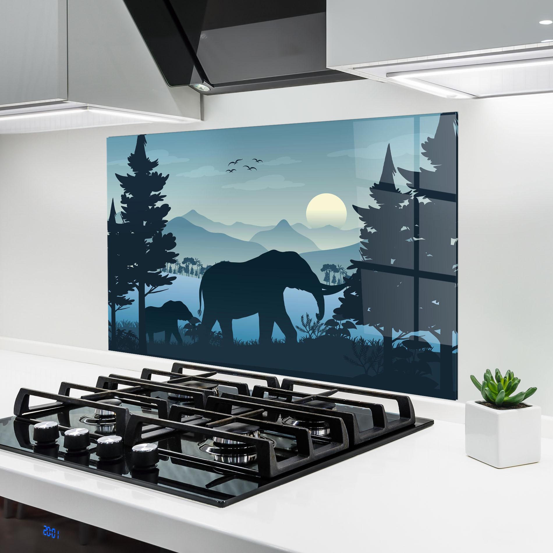 Küchenrückwand Glas Blue Light Elephant mockup 6