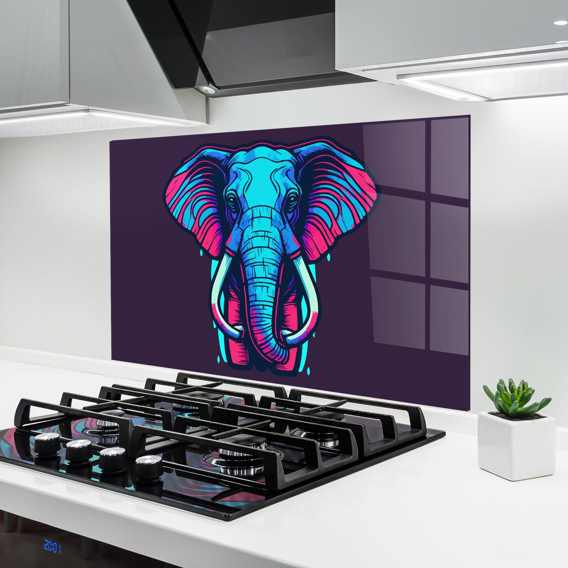 Küchenrückwand Glas Pink Blue Elephant mockup 6