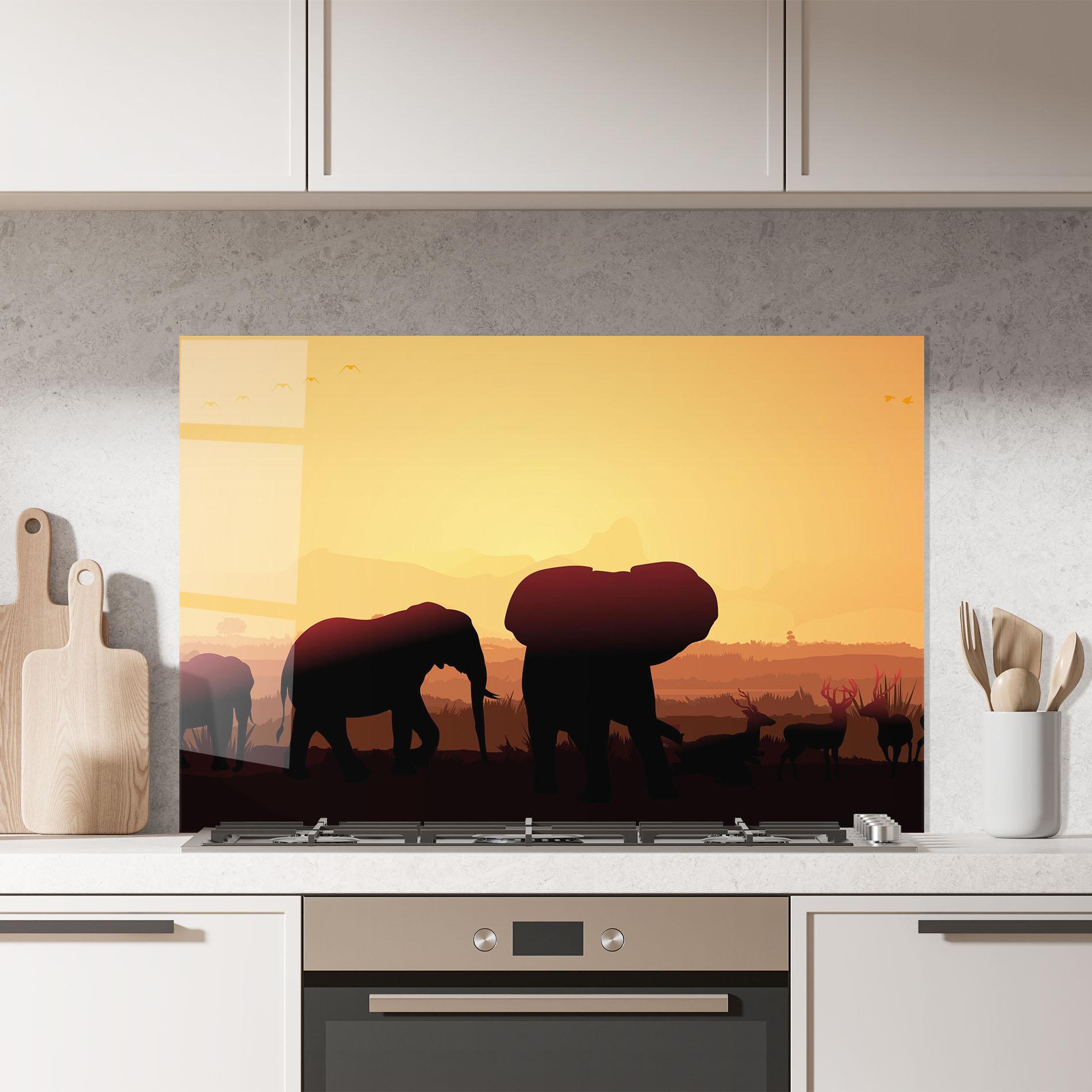 Küchenrückwand Glas Elephant Shilouette Sunset mockup 7