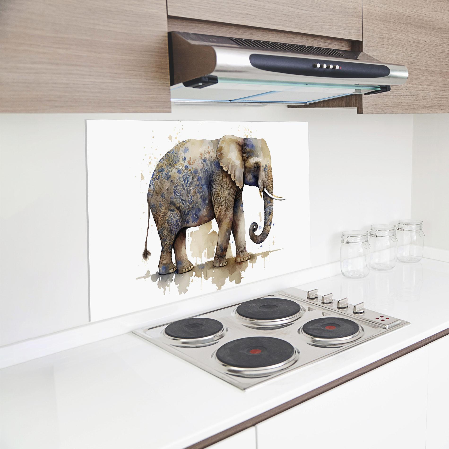 Küchenrückwand Glas Blue Grey Elephant mockup 8