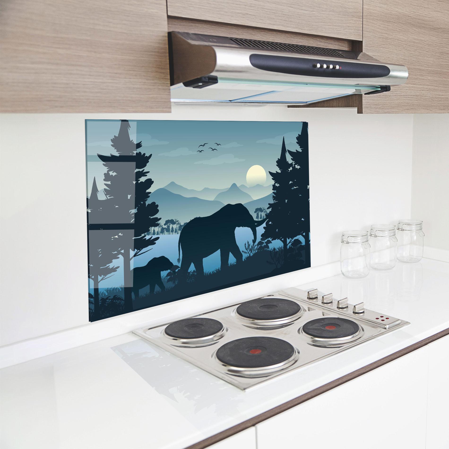 Küchenrückwand Glas Blue Light Elephant mockup 8