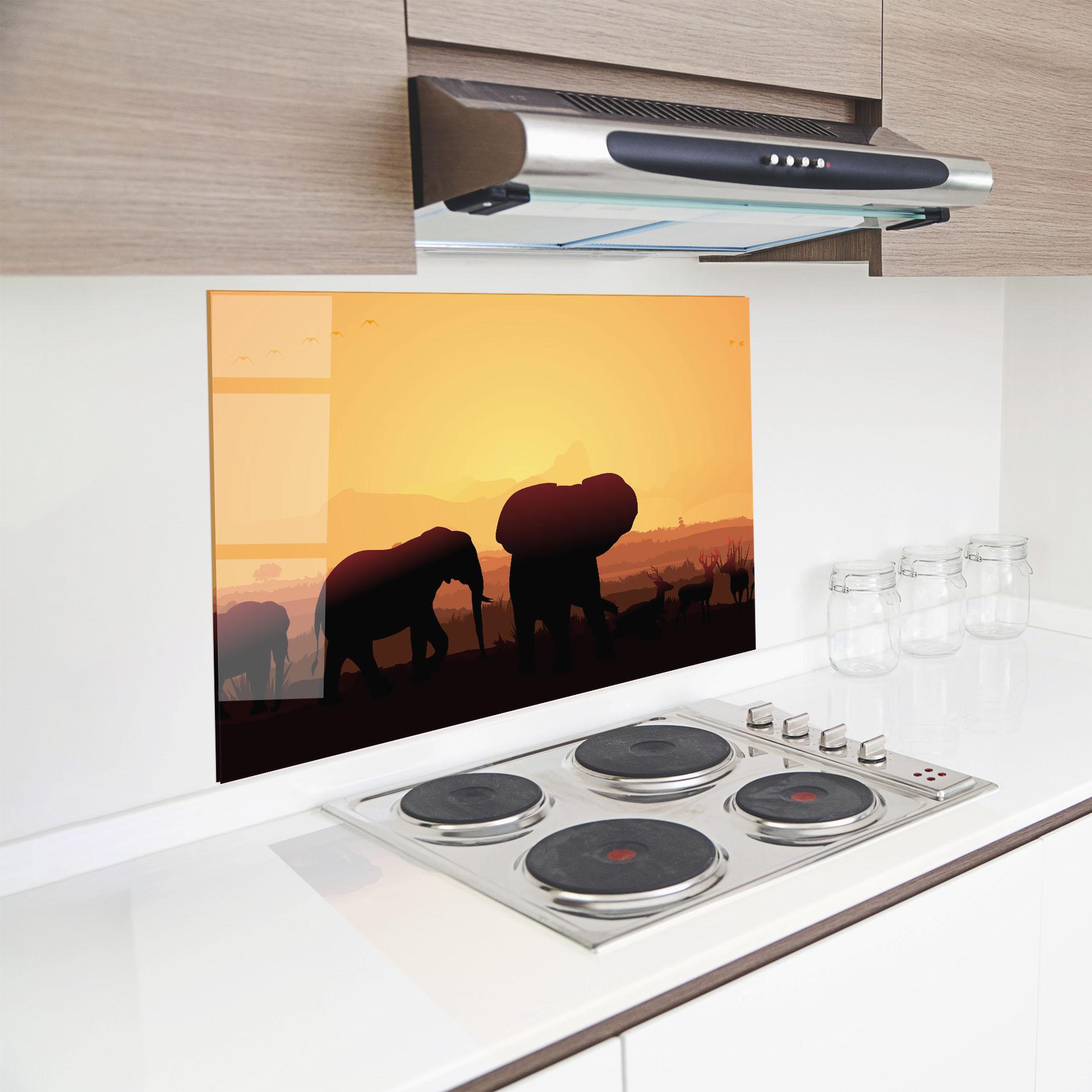 Küchenrückwand Glas Elephant Shilouette Sunset mockup 8