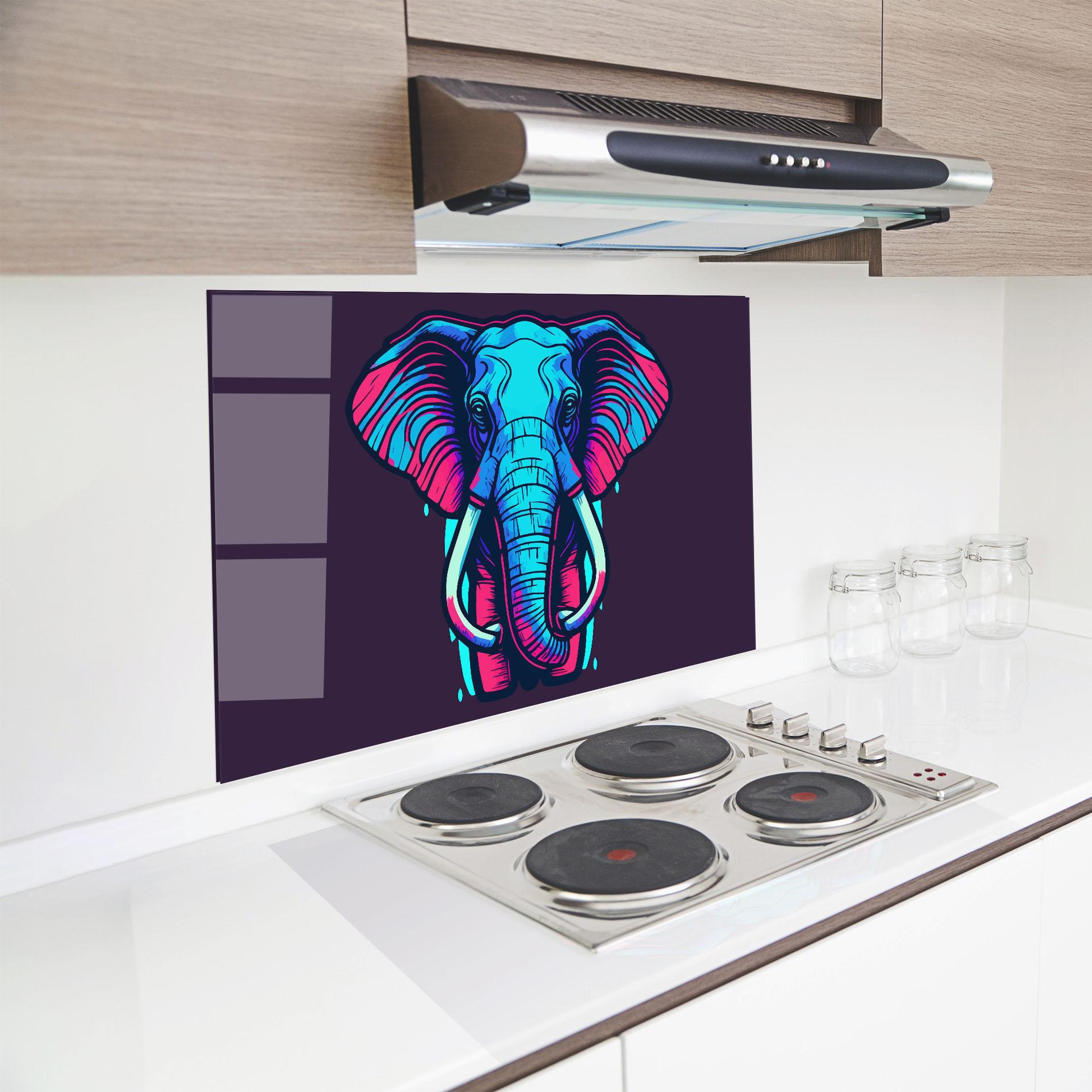 Küchenrückwand Glas Pink Blue Elephant mockup 8