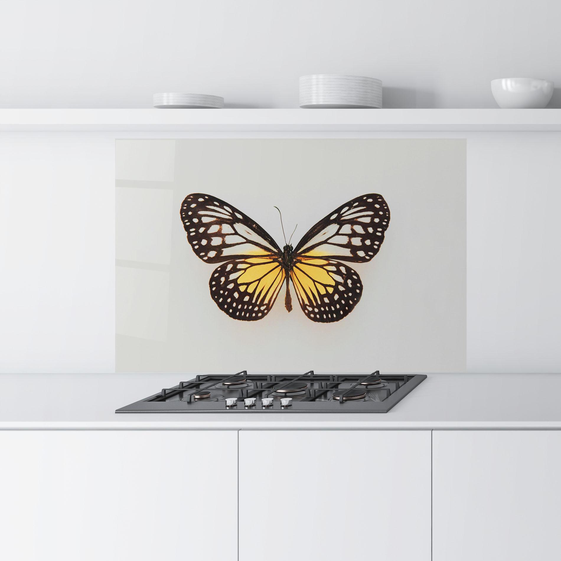 Küchenrückwand Glas Butterfly On Grey mockup 9