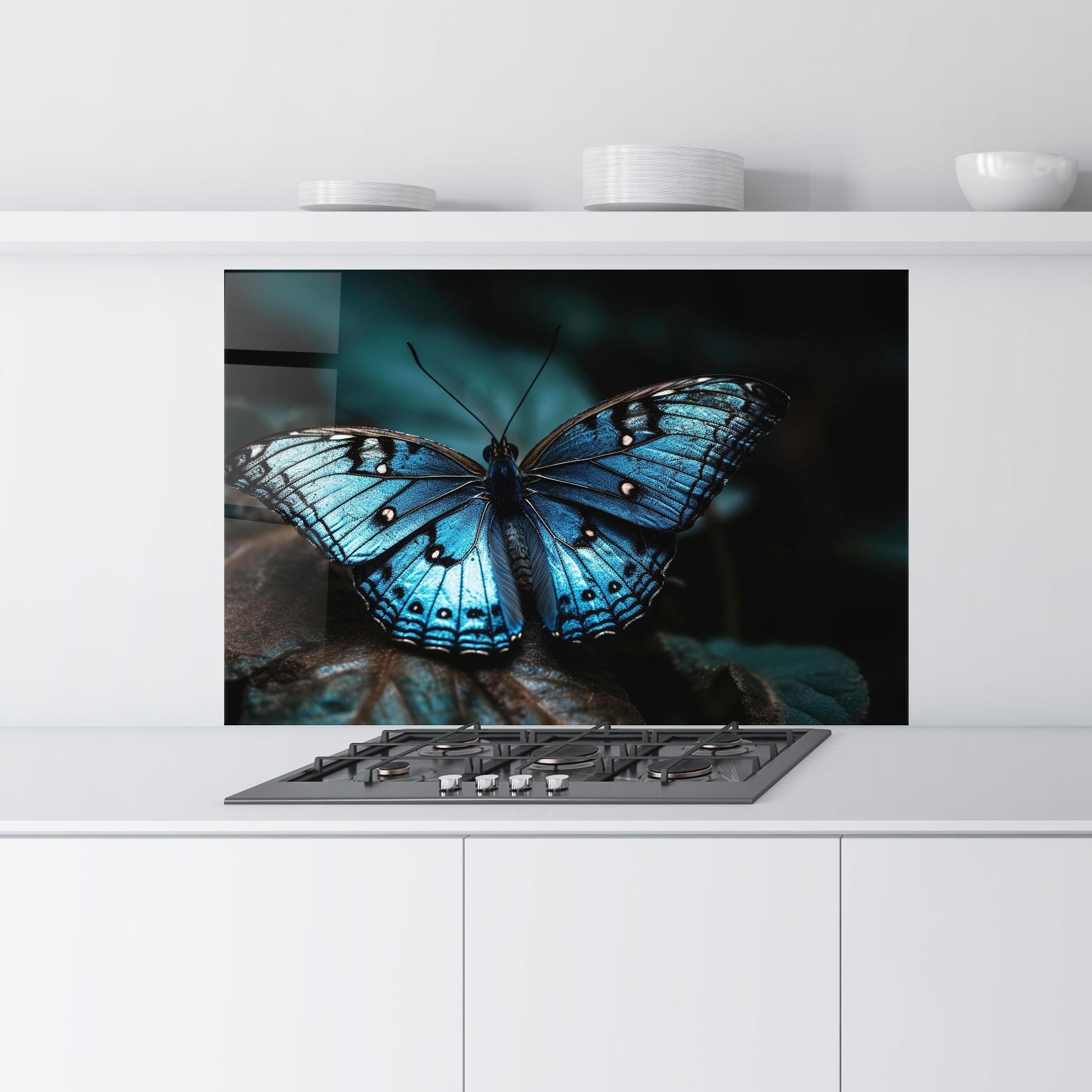 Küchenrückwand Glas Dark Blue Buterfly mockup 9