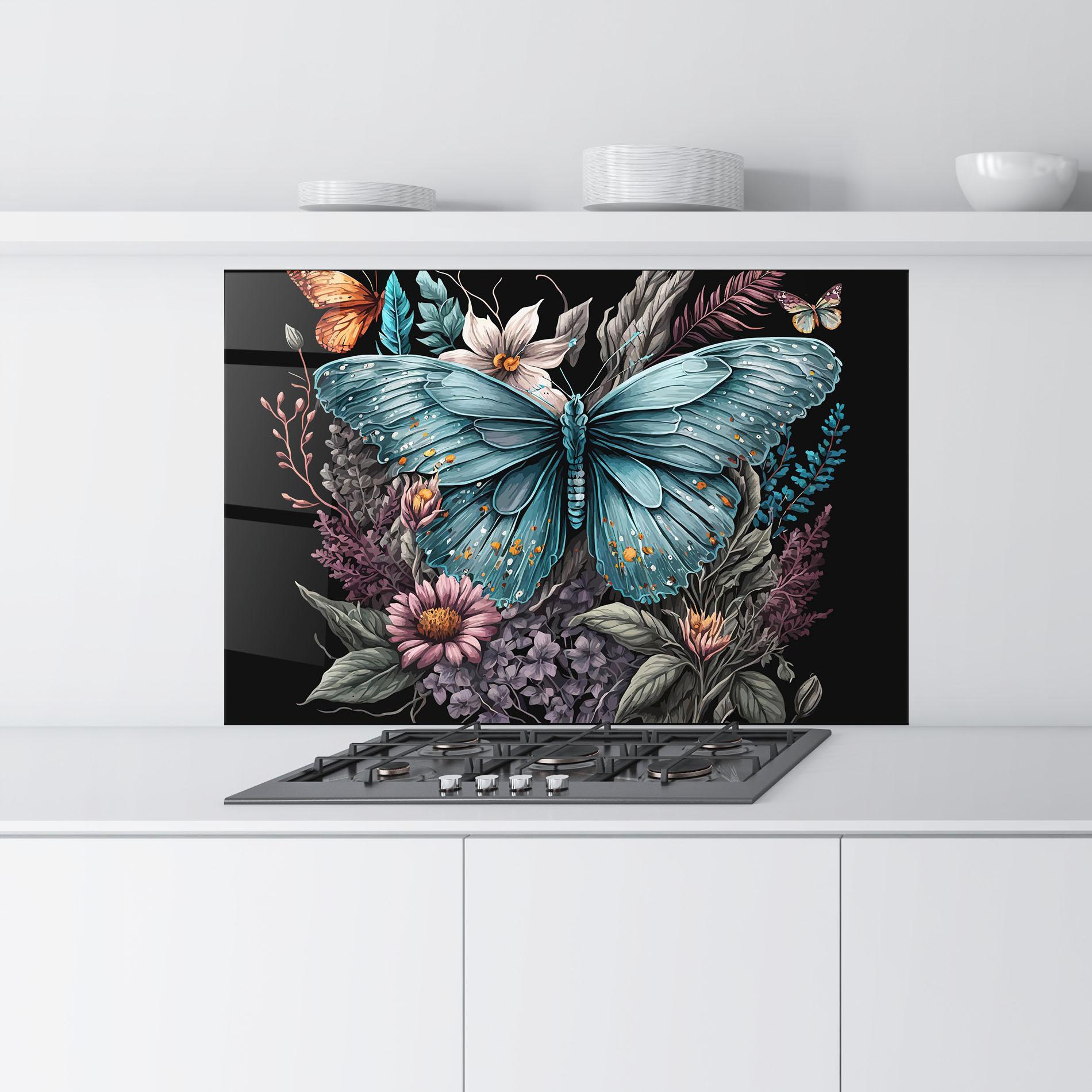 Küchenrückwand Glas Pretty Blue Butterfly mockup 9