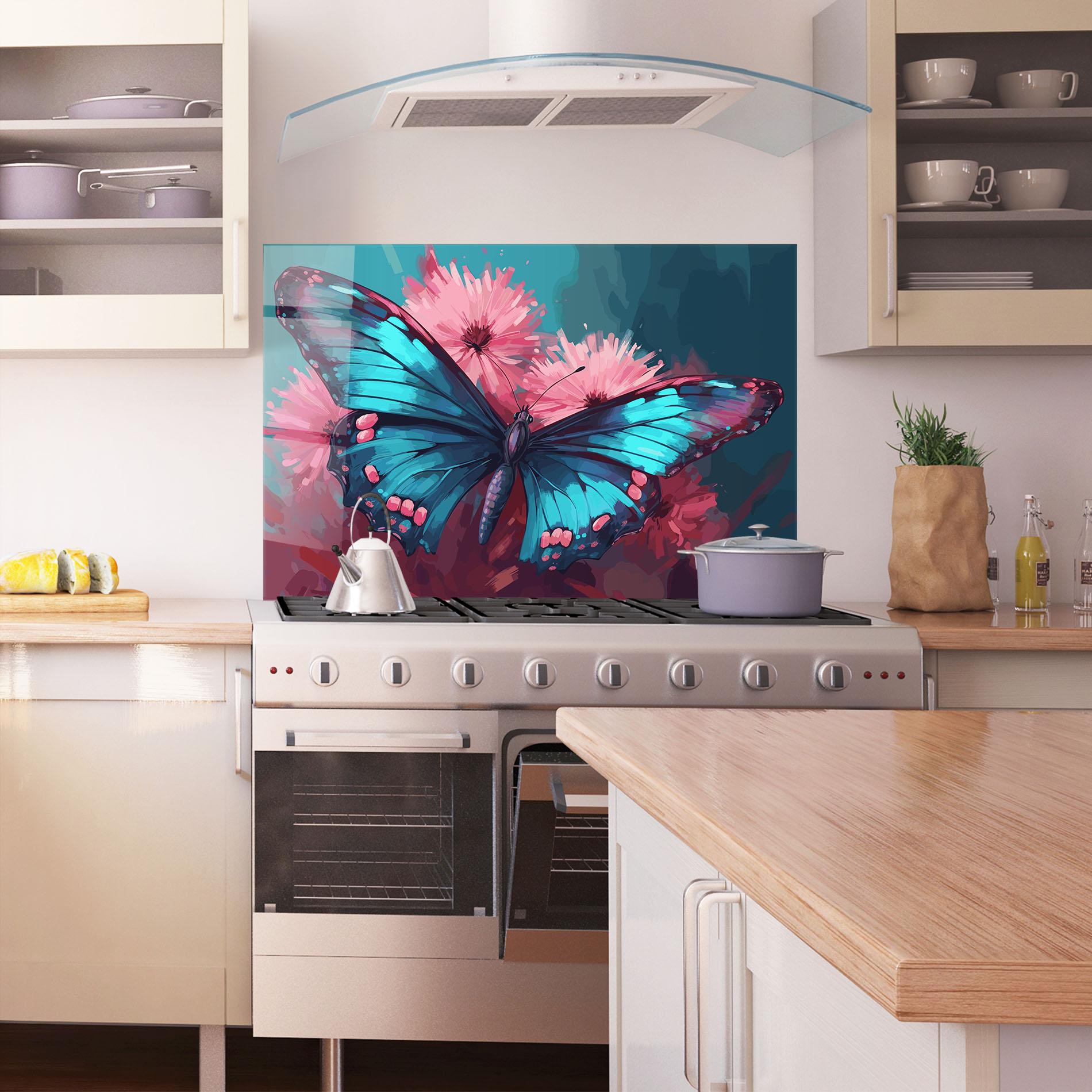 Küchenrückwand Glas Blue Butterfly On Pink mockup 1