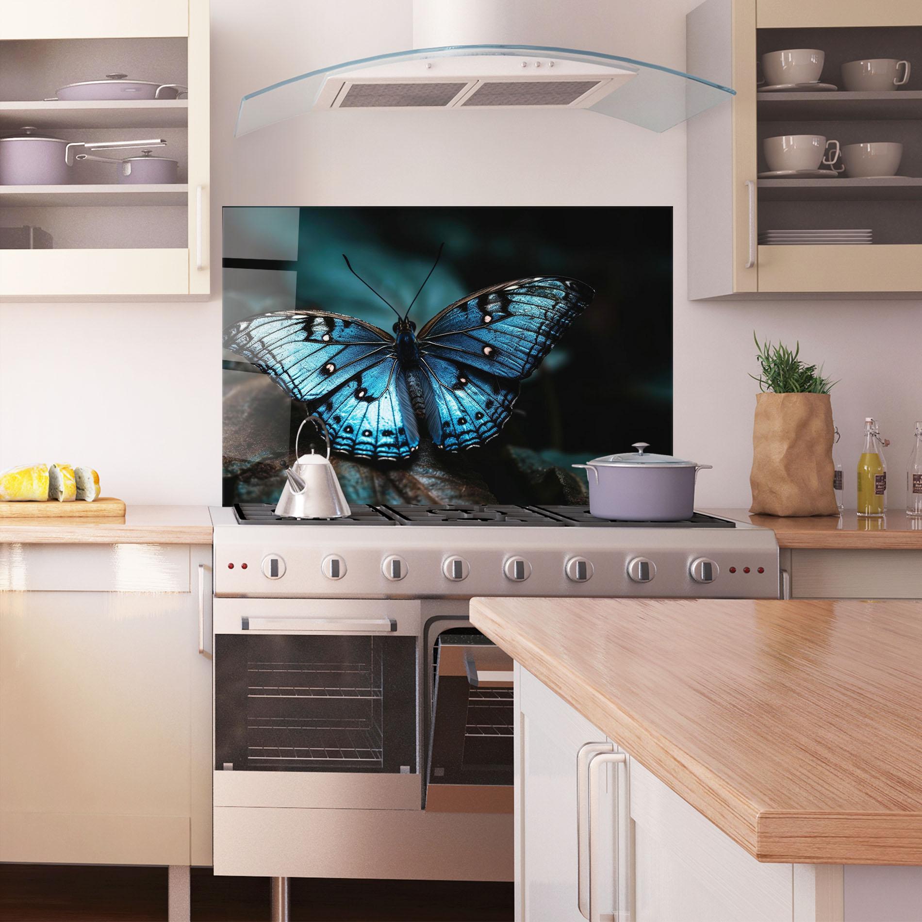 Küchenrückwand Glas Dark Blue Buterfly mockup 1