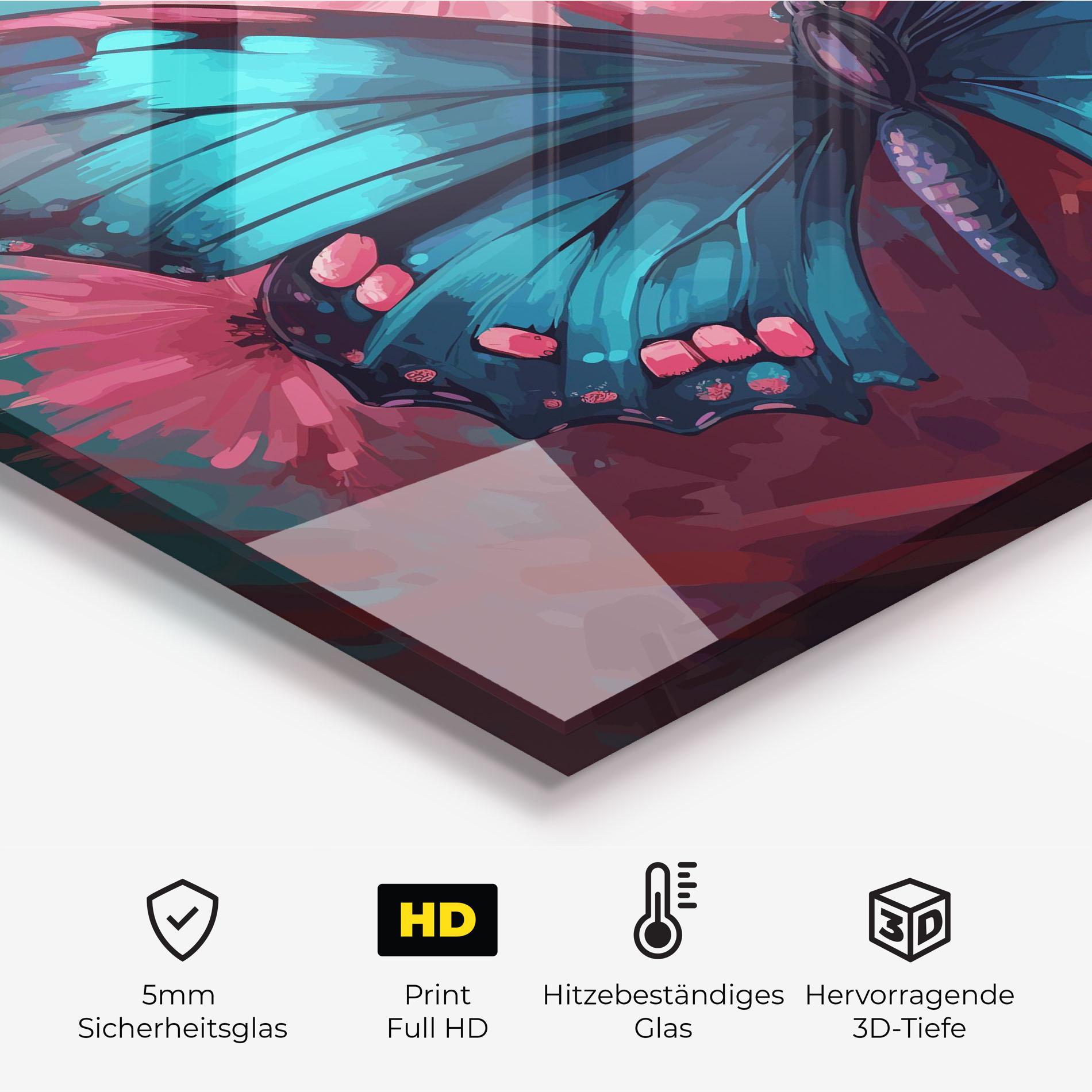 Küchenrückwand Glas Blue Butterfly On Pink mockup 2