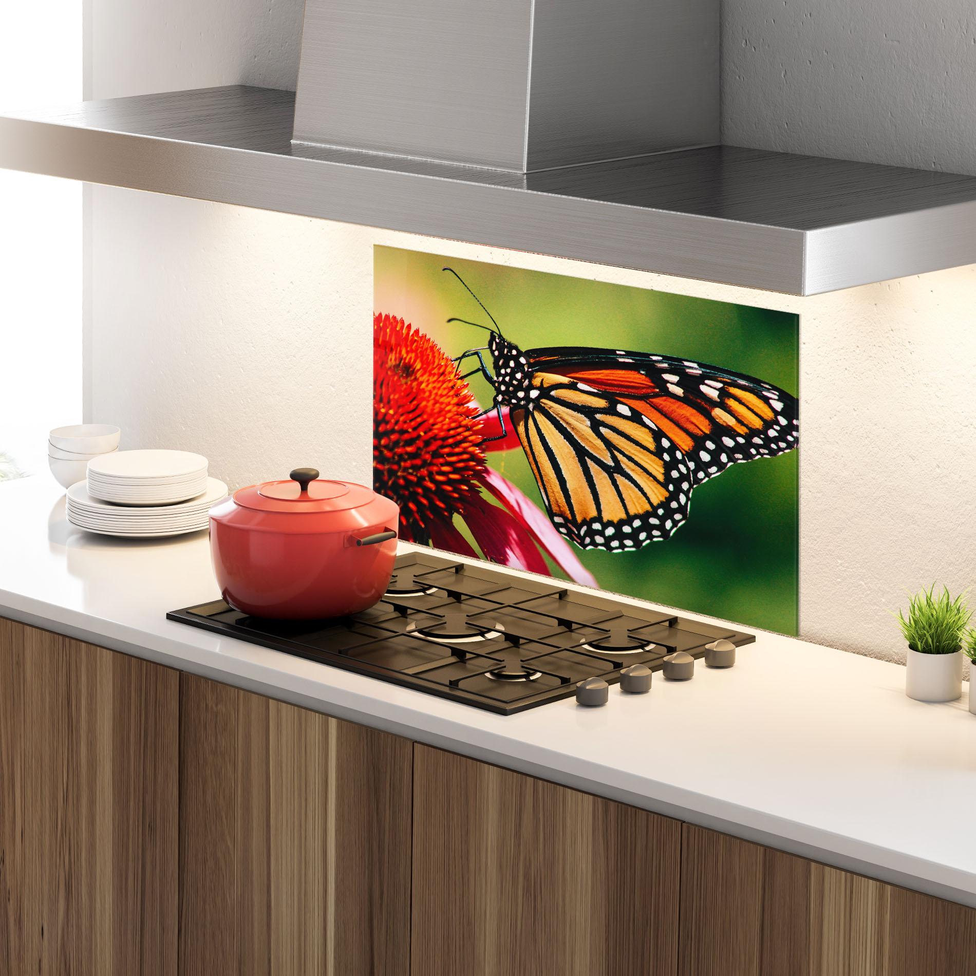 Küchenrückwand Glas Big Orange Butterfly mockup 4