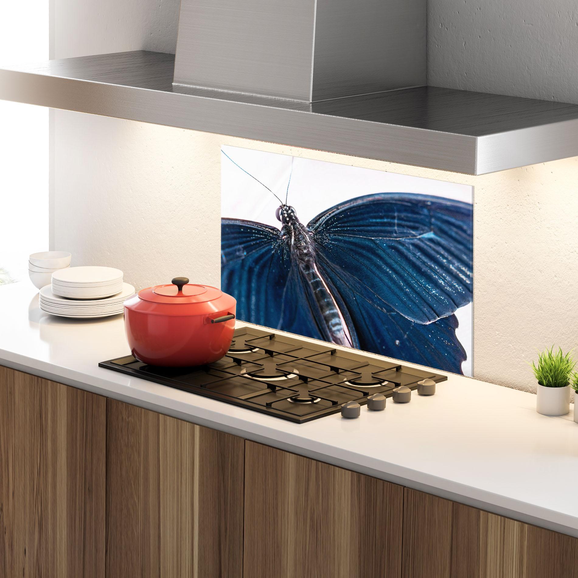 Küchenrückwand Glas Blue Butterfly mockup 4