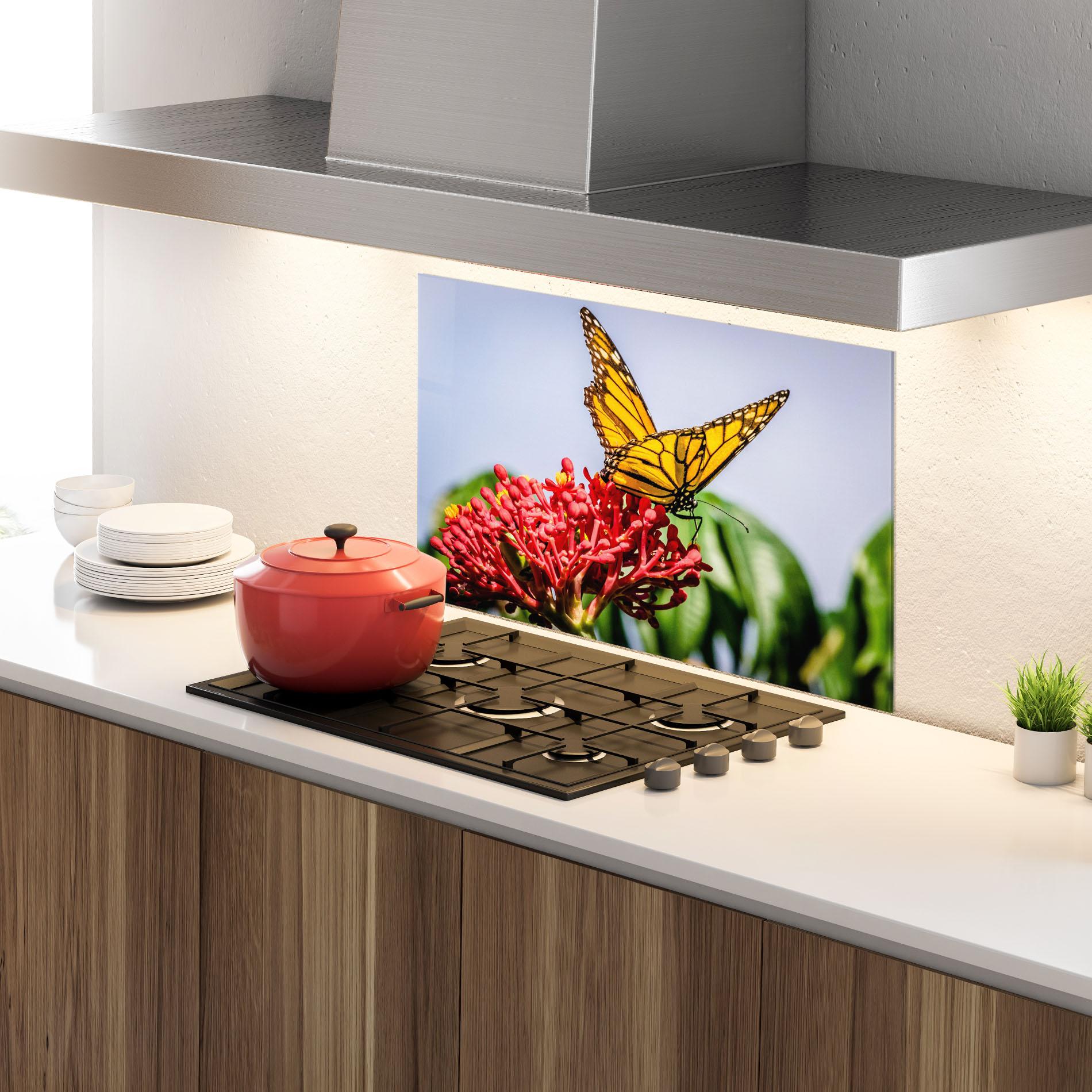 Küchenrückwand Glas Butterfly On Red Flower mockup 4