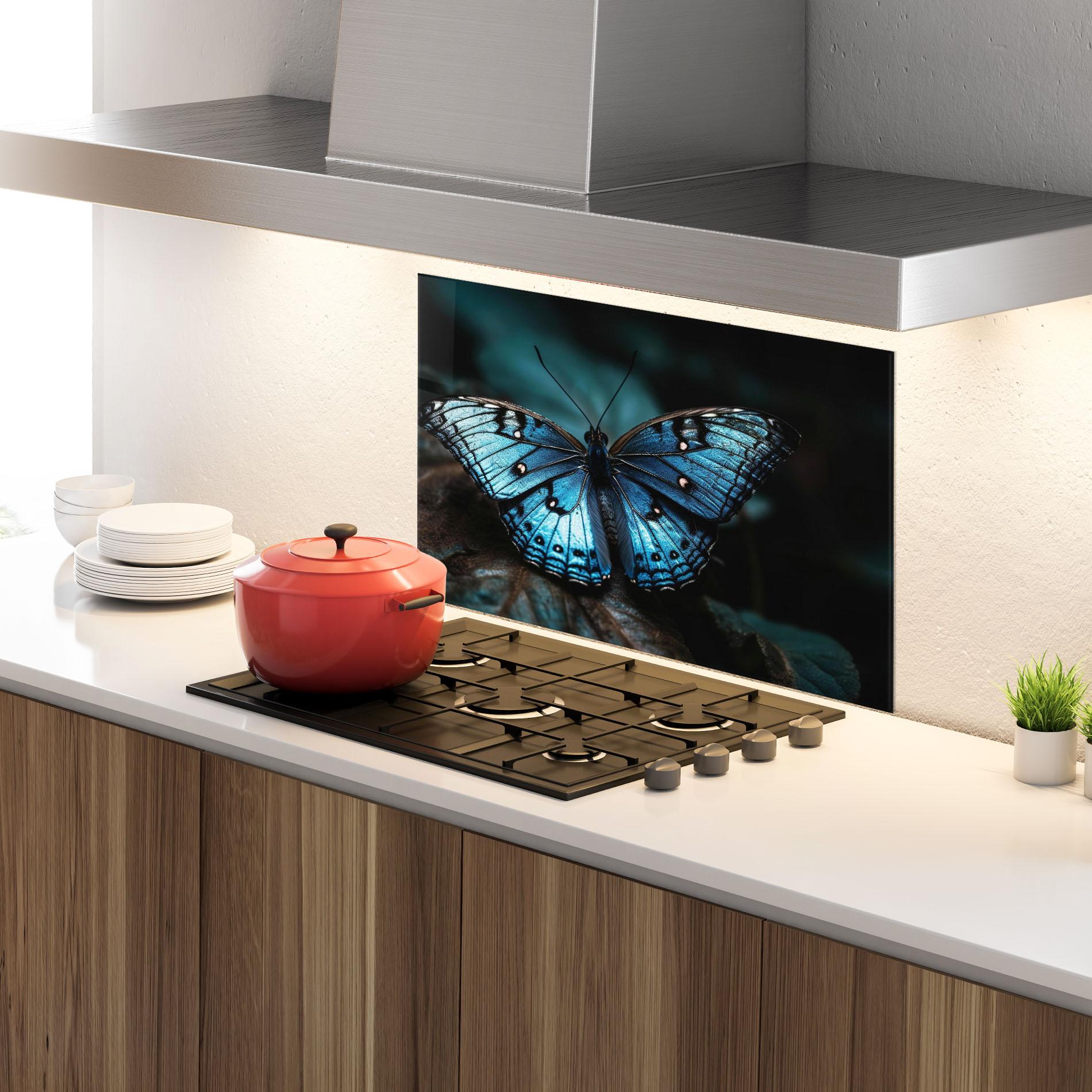 Küchenrückwand Glas Dark Blue Buterfly mockup 4