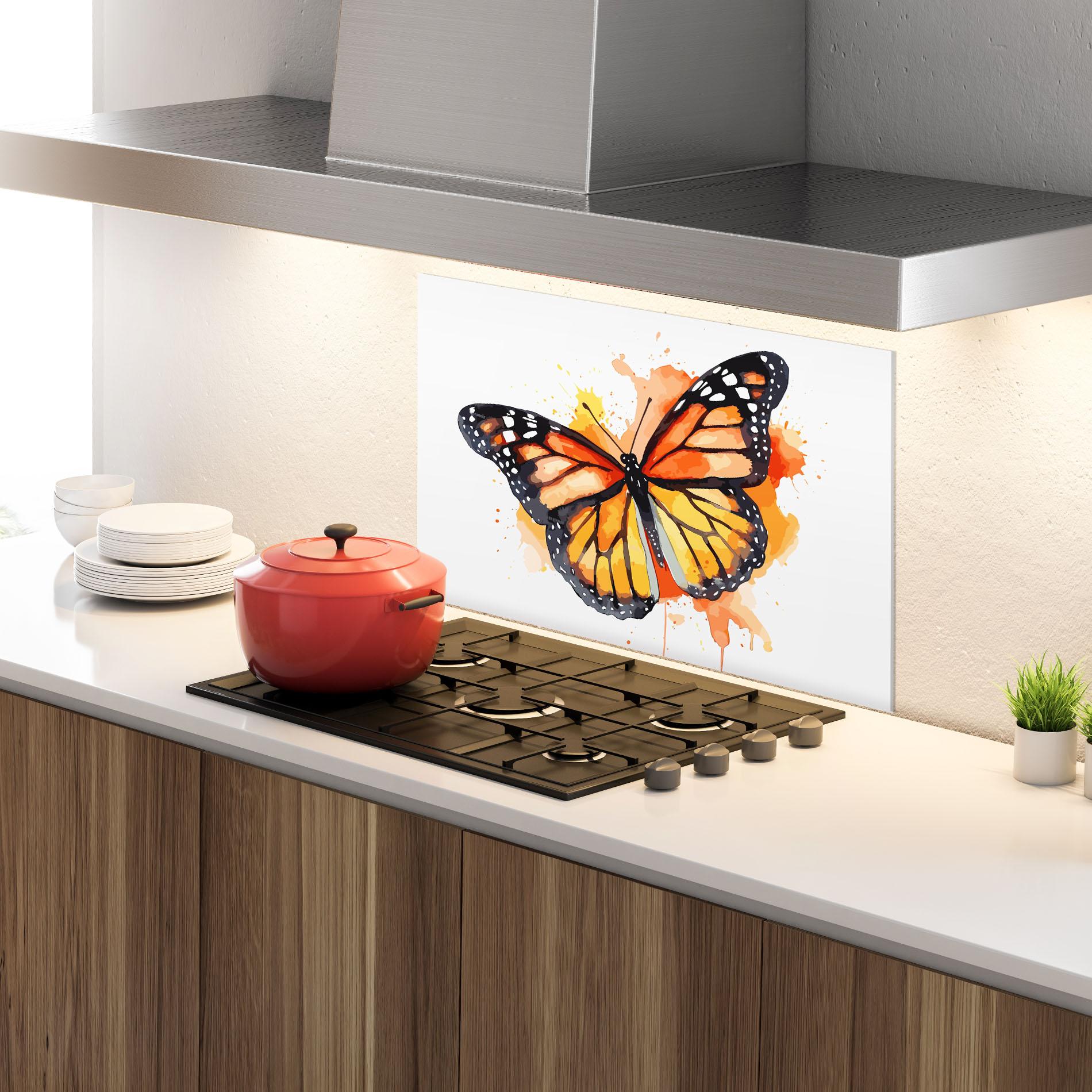 Küchenrückwand Glas Orange Watercolor Butterfly mockup 4