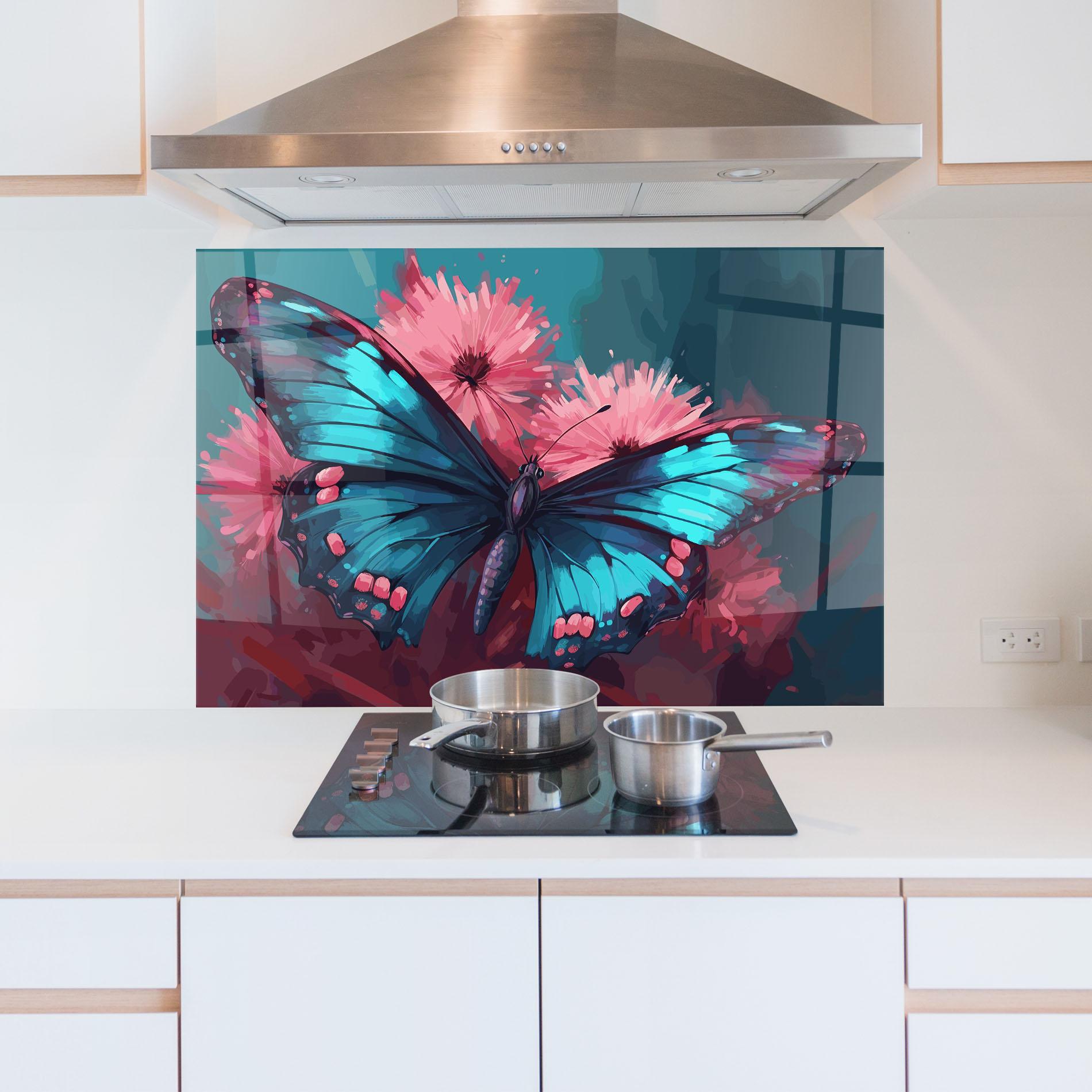 Küchenrückwand Glas Blue Butterfly On Pink mockup 5