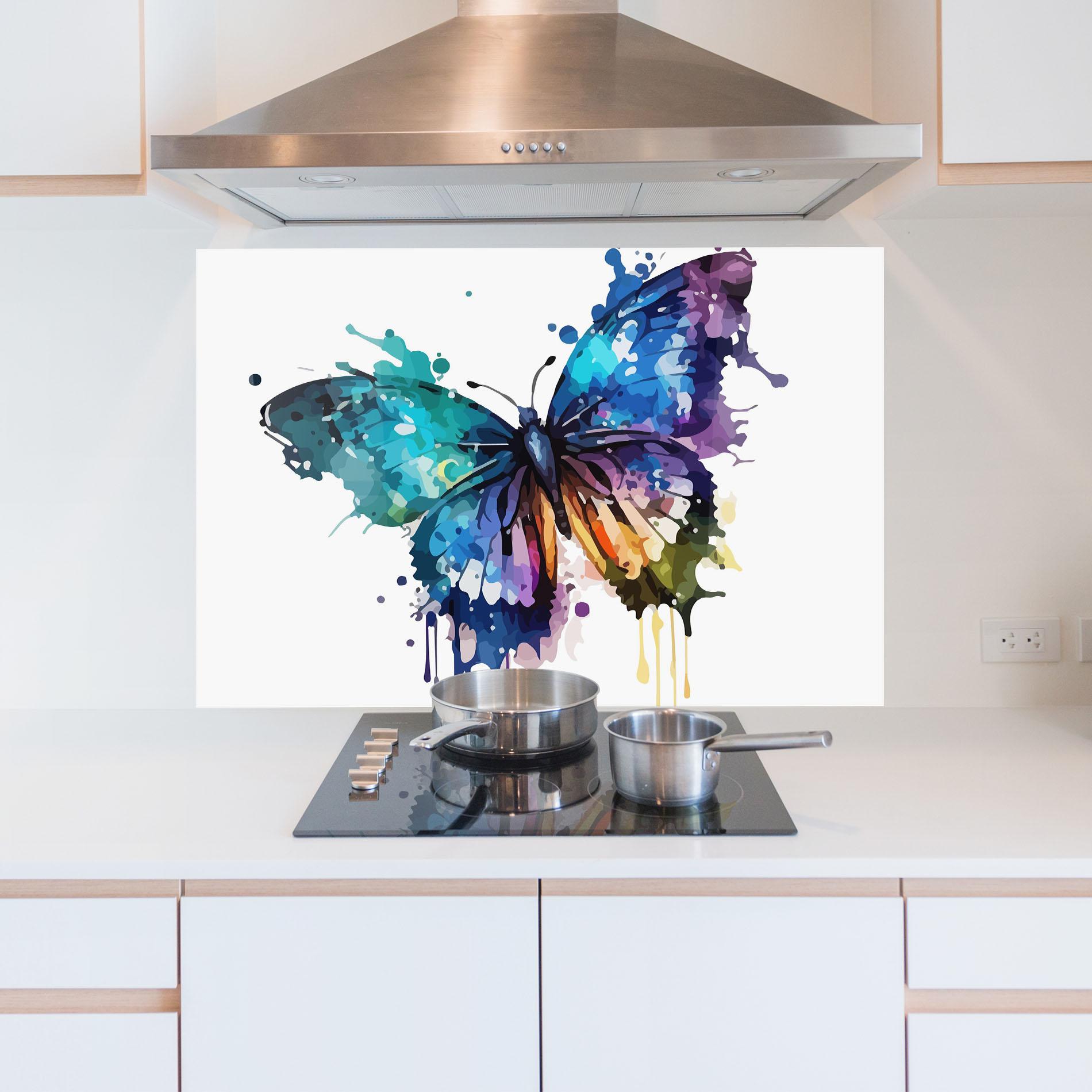 Küchenrückwand Glas Colourful Blue Butterfly mockup 5