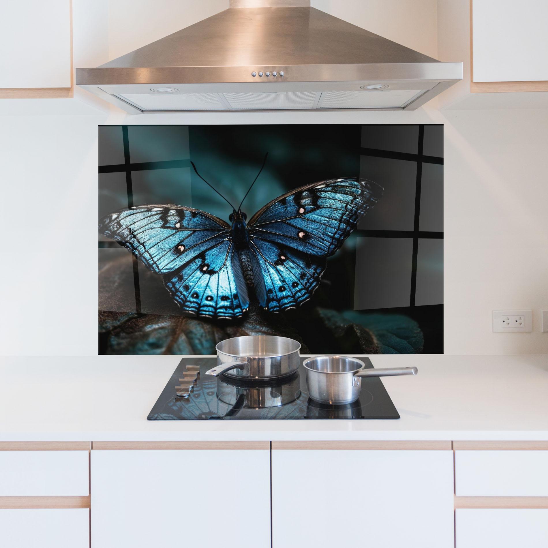 Küchenrückwand Glas Dark Blue Buterfly mockup 5