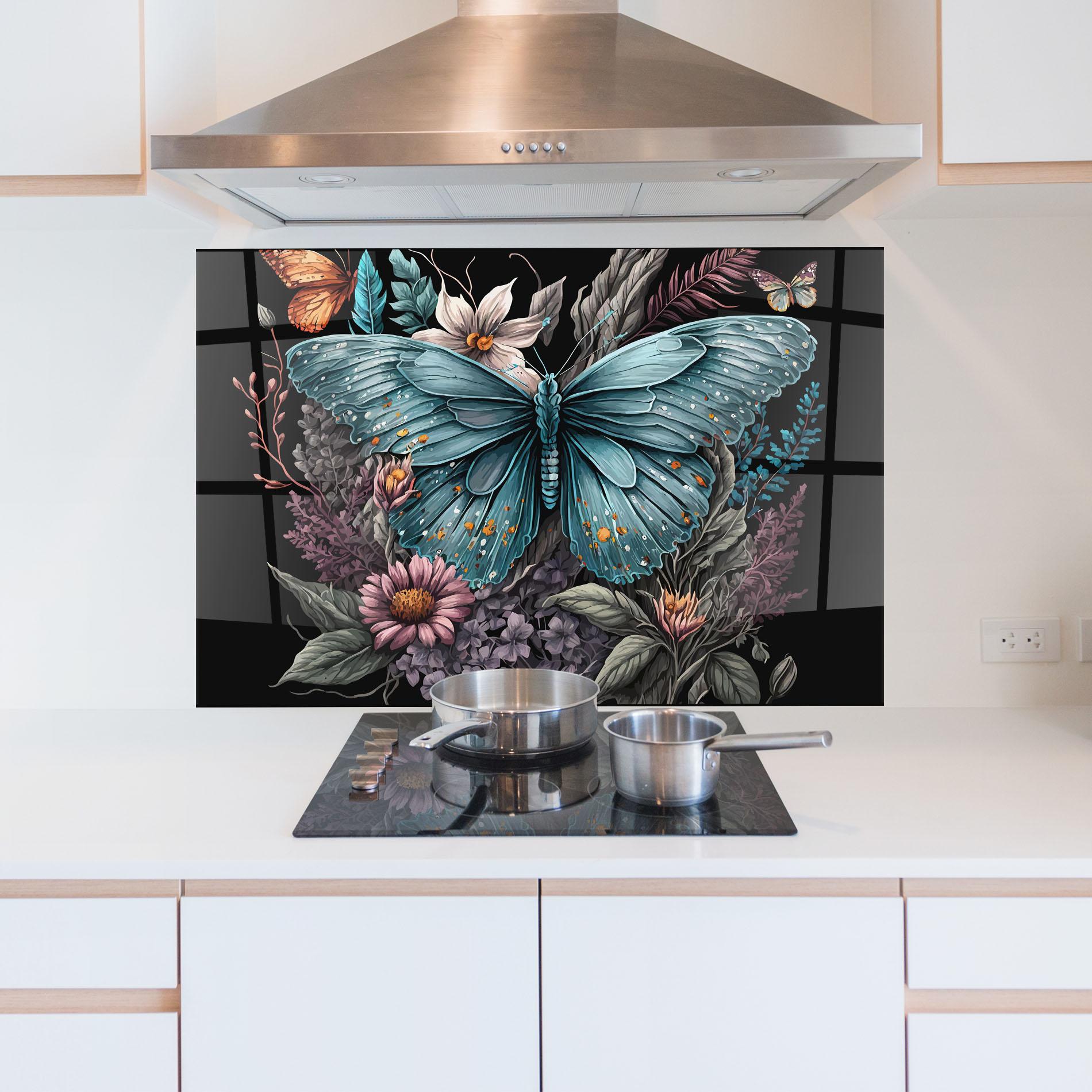 Küchenrückwand Glas Pretty Blue Butterfly mockup 5