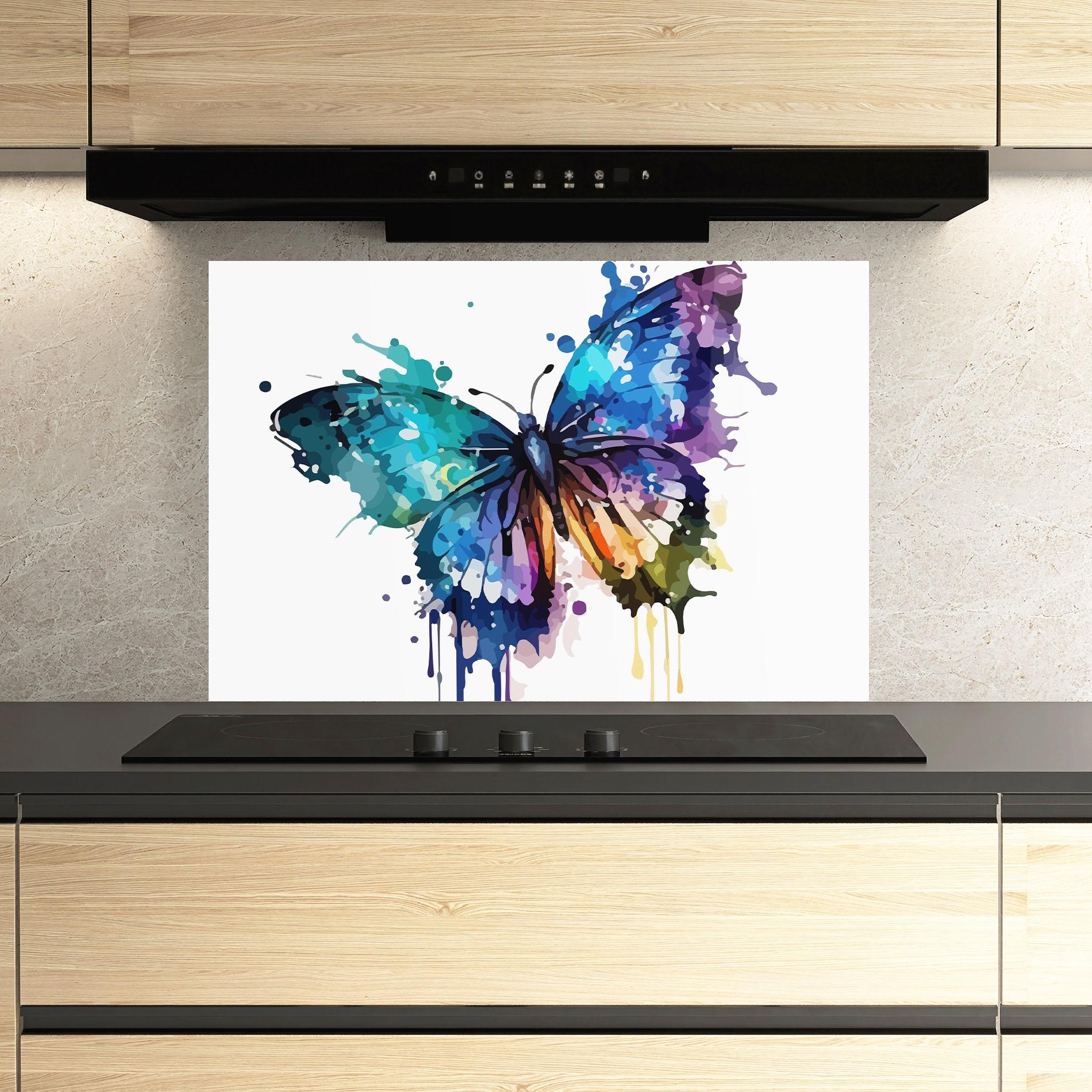 Küchenrückwand Glas Colourful Blue Butterfly mockup 3