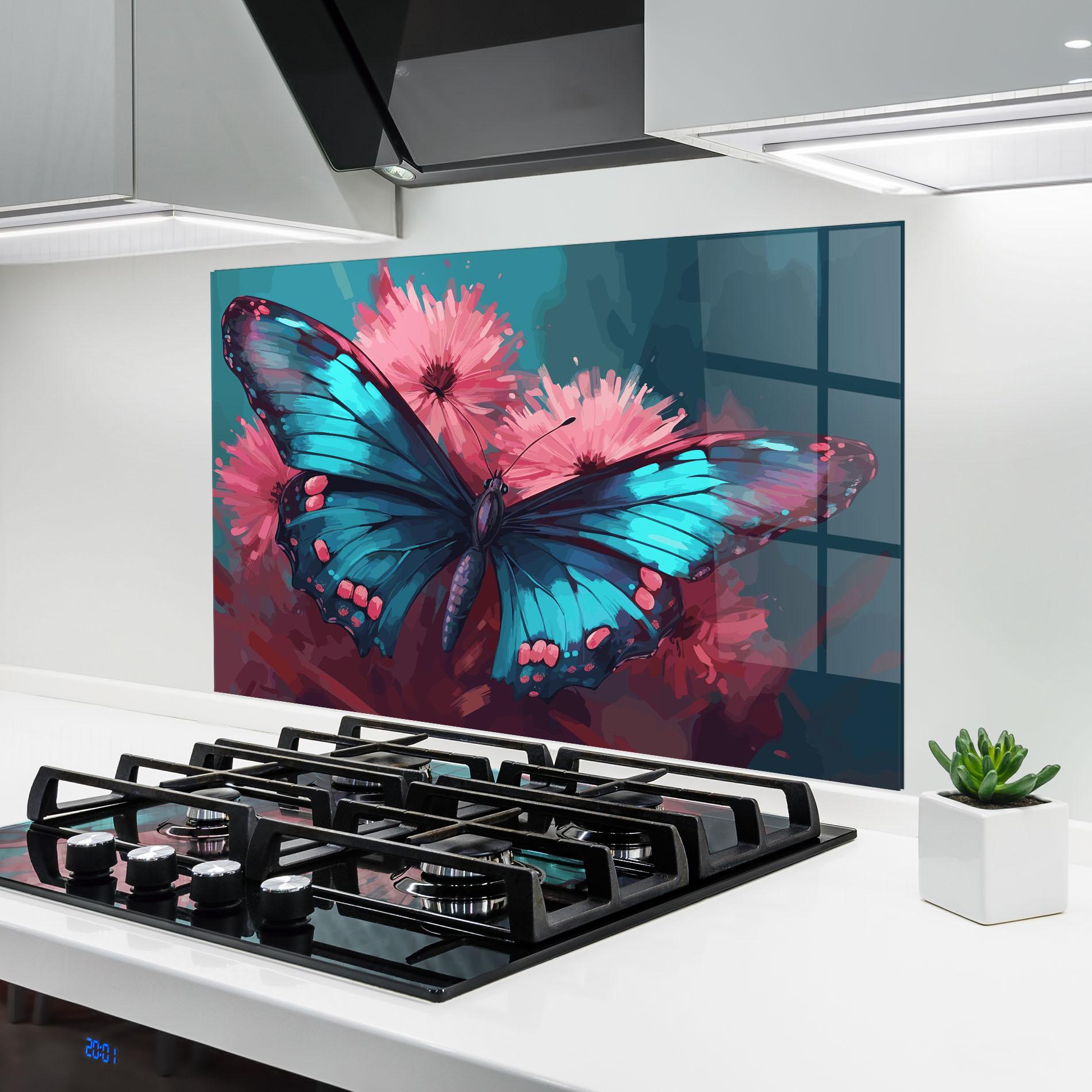 Küchenrückwand Glas Blue Butterfly On Pink mockup 6
