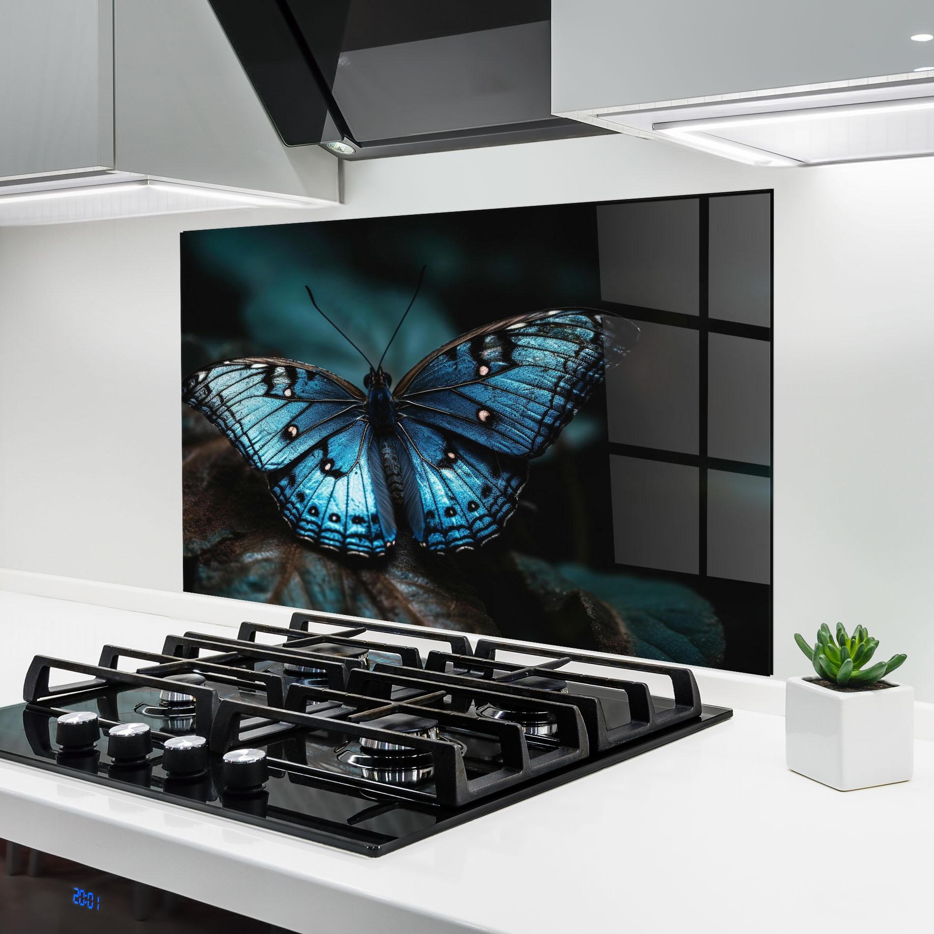 Küchenrückwand Glas Dark Blue Buterfly mockup 6
