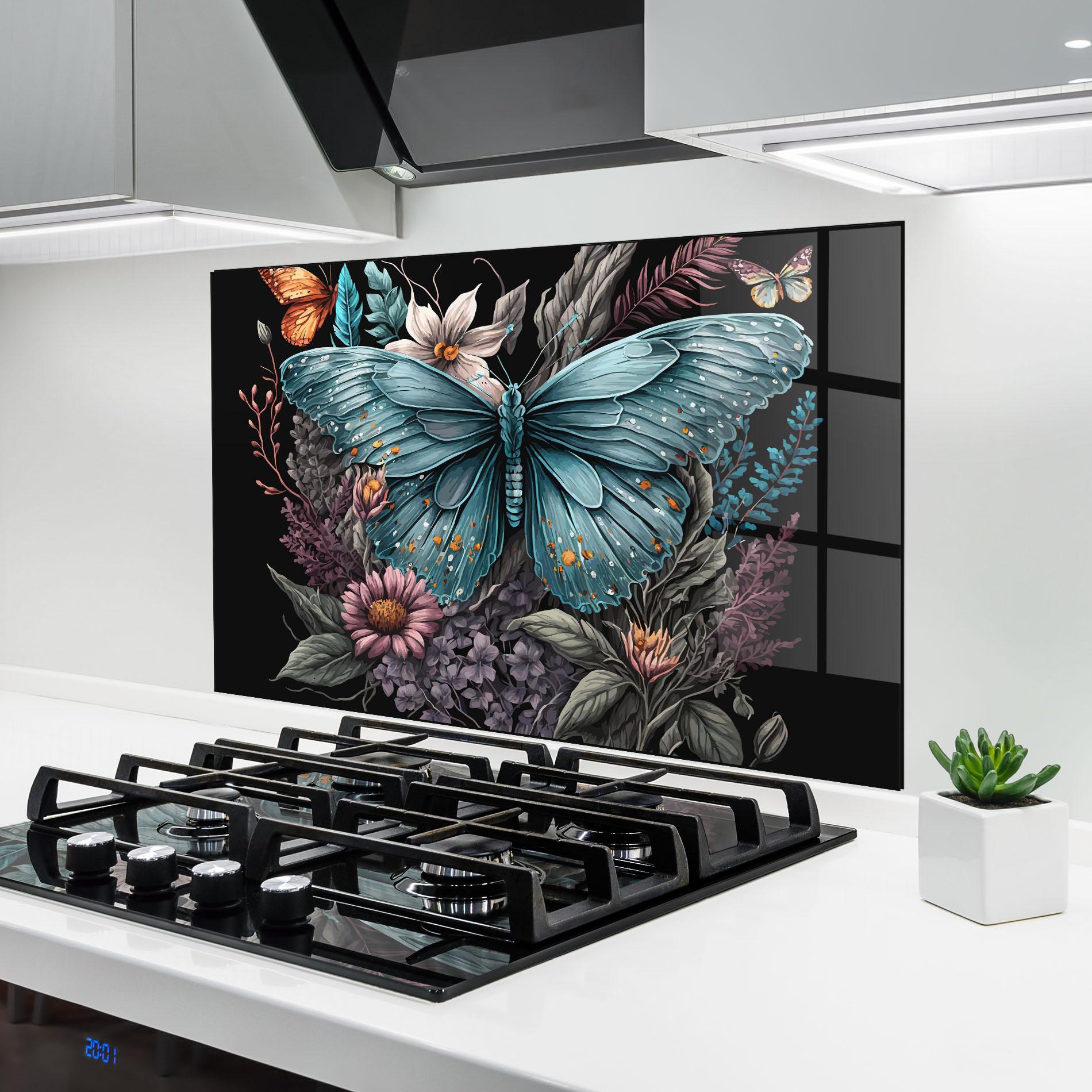 Küchenrückwand Glas Pretty Blue Butterfly mockup 6