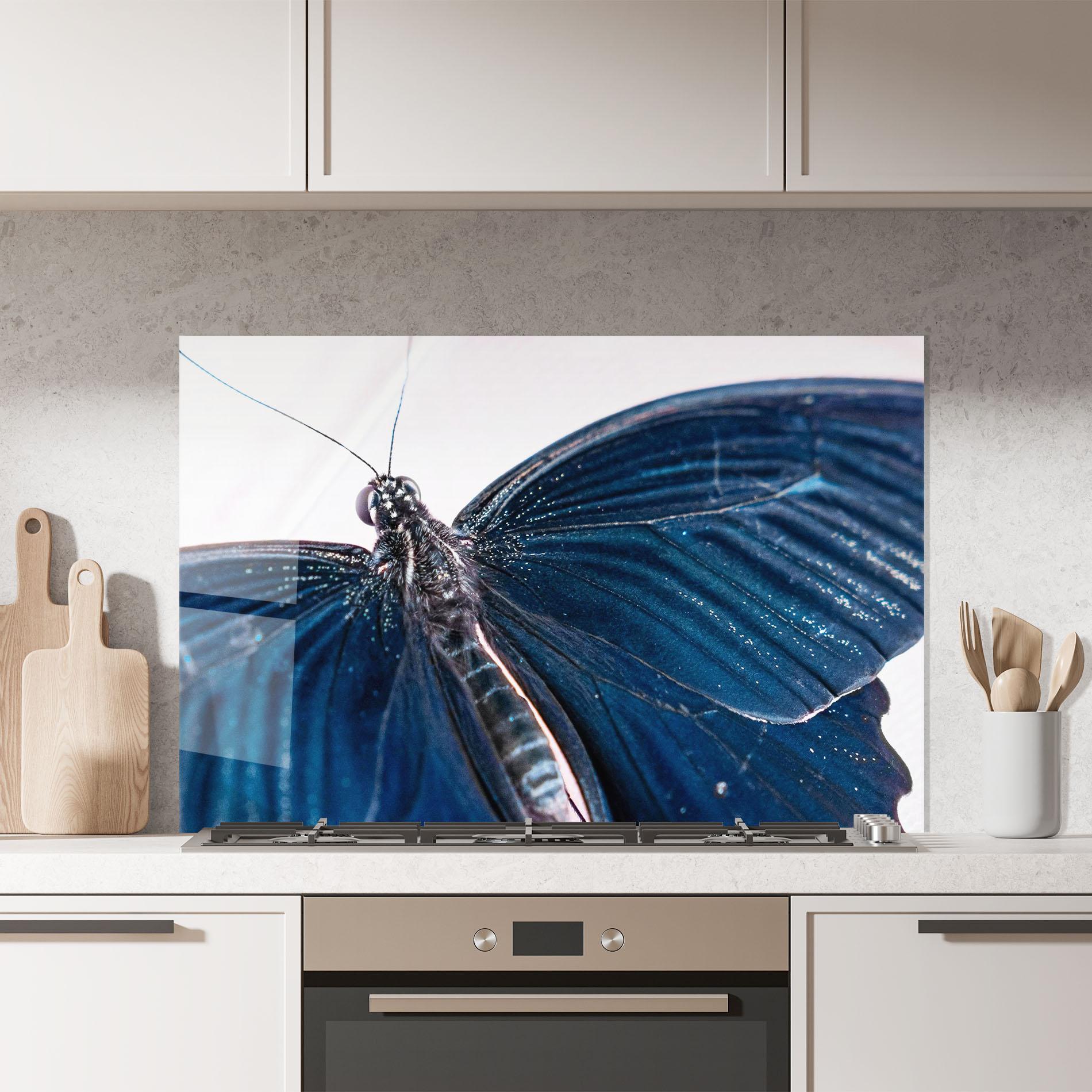 Küchenrückwand Glas Blue Butterfly mockup 7
