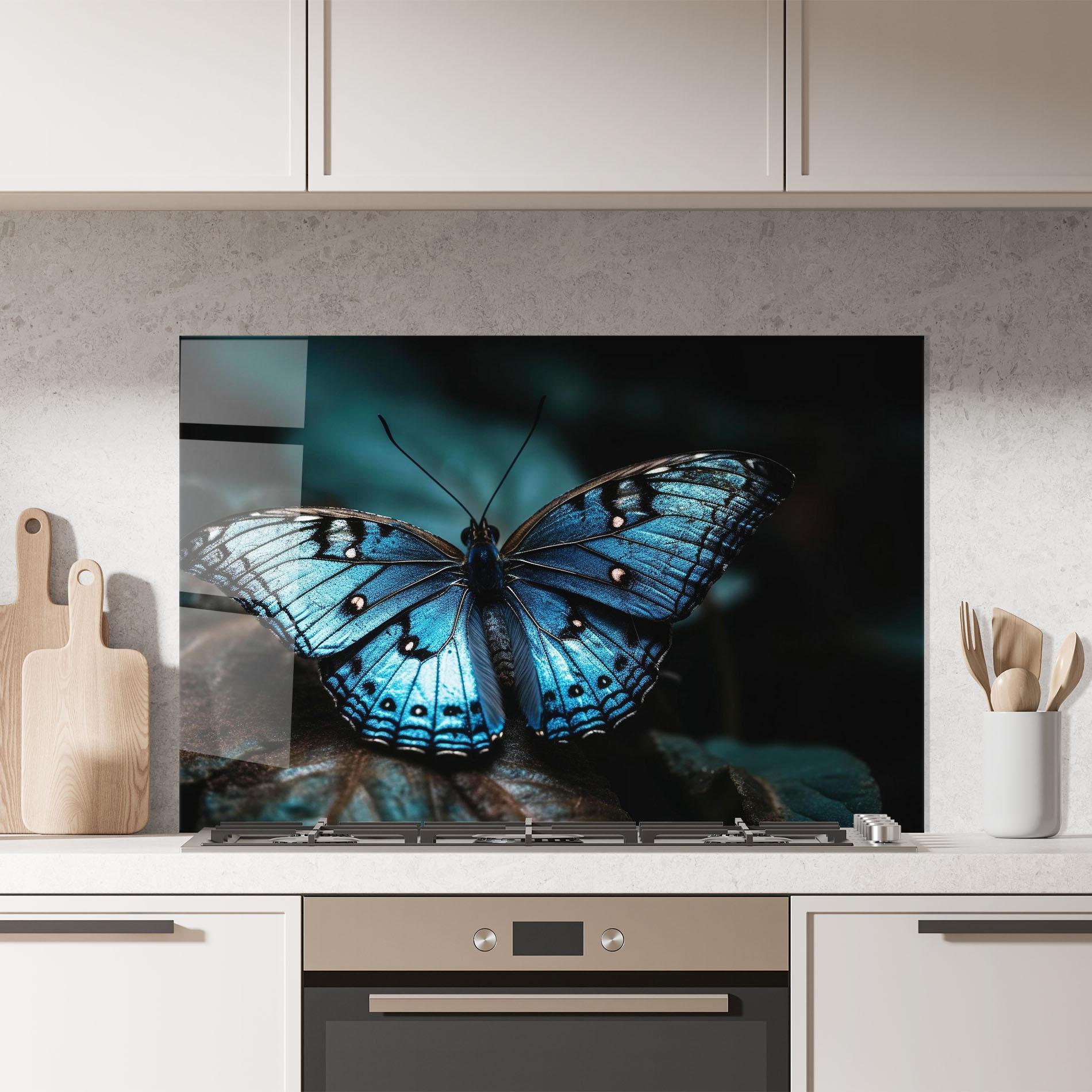 Küchenrückwand Glas Dark Blue Buterfly mockup 7