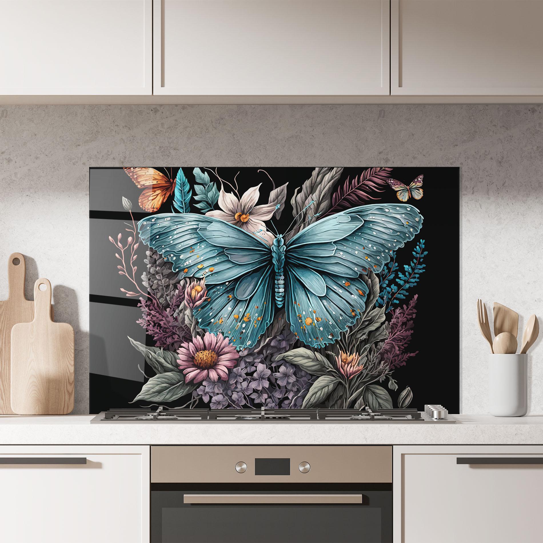 Küchenrückwand Glas Pretty Blue Butterfly mockup 7