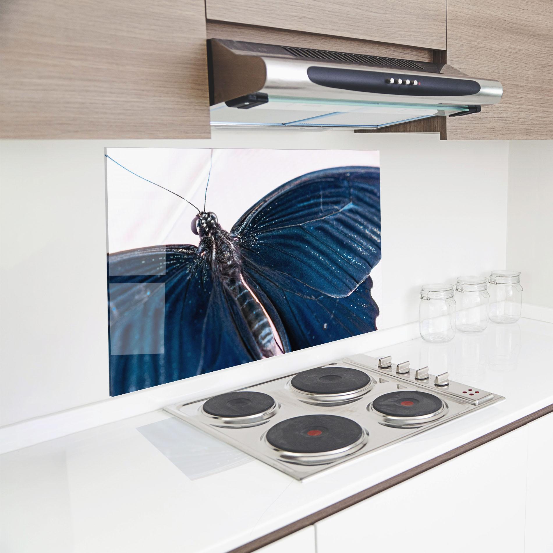Küchenrückwand Glas Blue Butterfly mockup 8