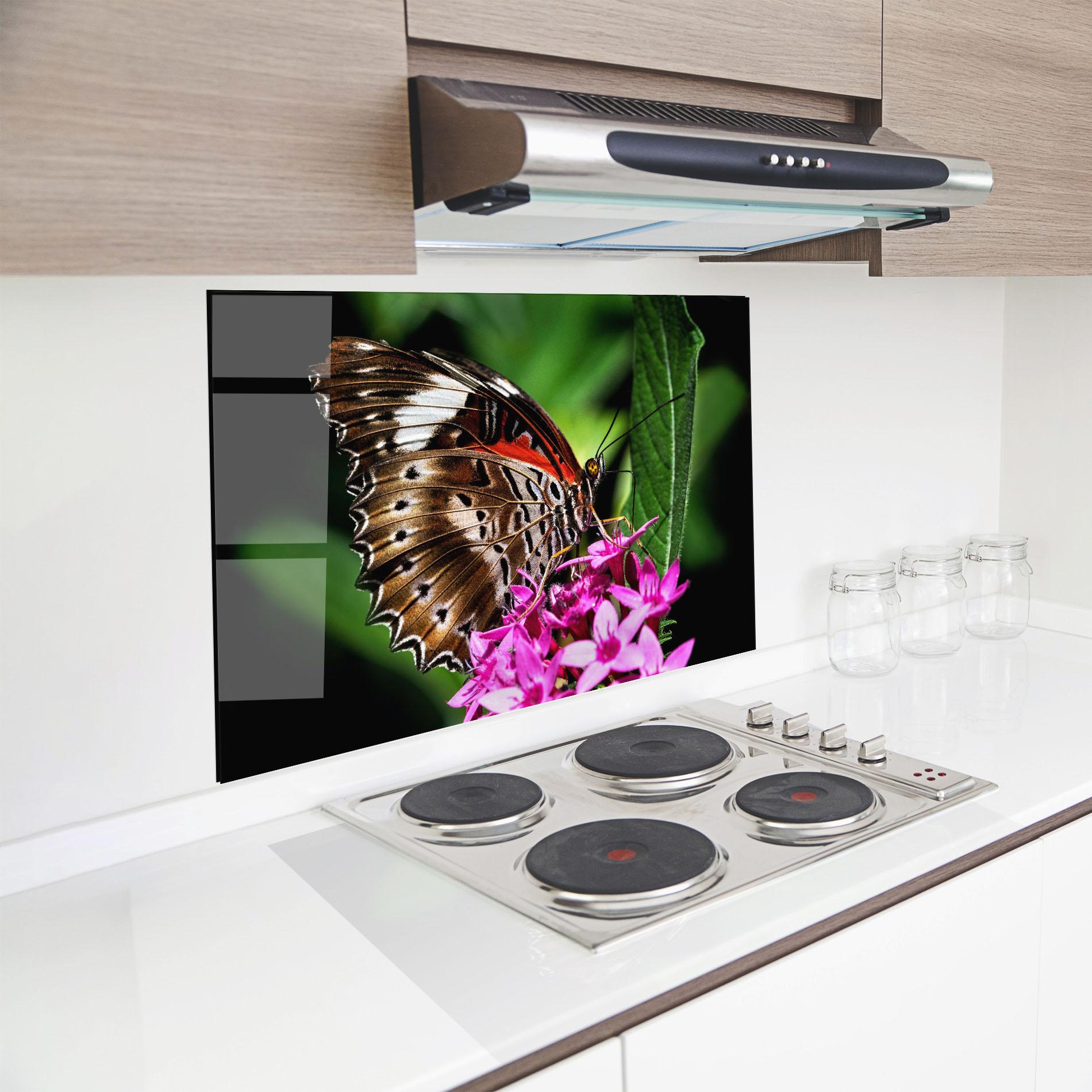 Küchenrückwand Glas Brown Red Butterfly mockup 8