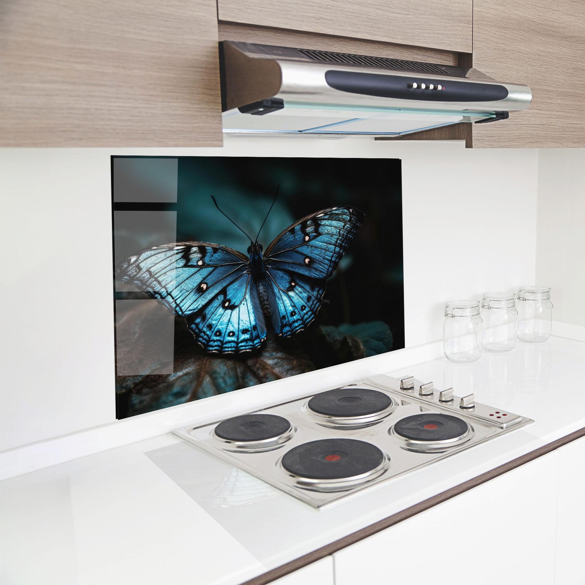 Küchenrückwand Glas Dark Blue Buterfly mockup 8