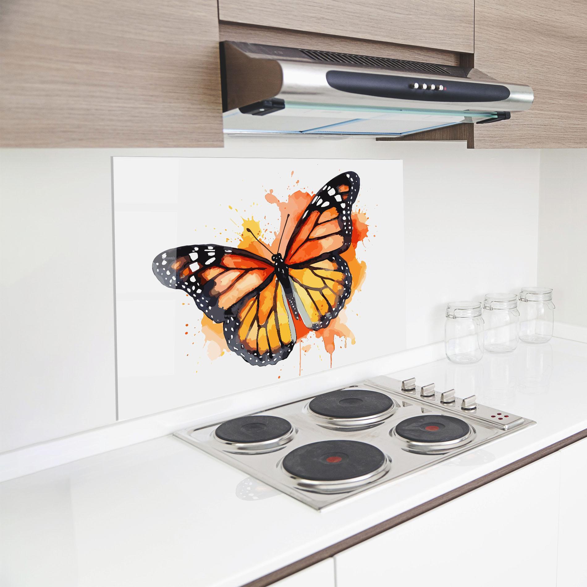 Küchenrückwand Glas Orange Watercolor Butterfly mockup 8