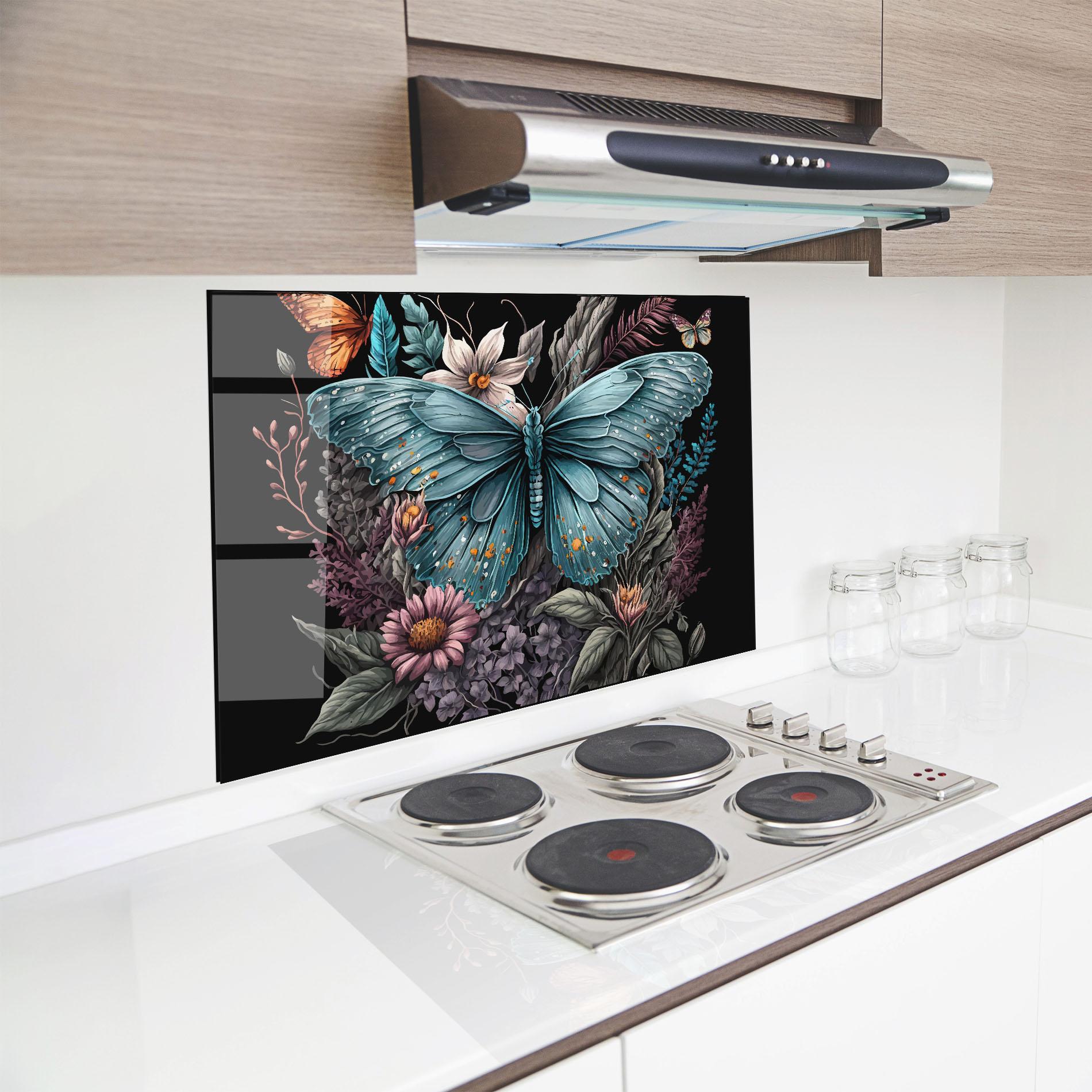 Küchenrückwand Glas Pretty Blue Butterfly mockup 8