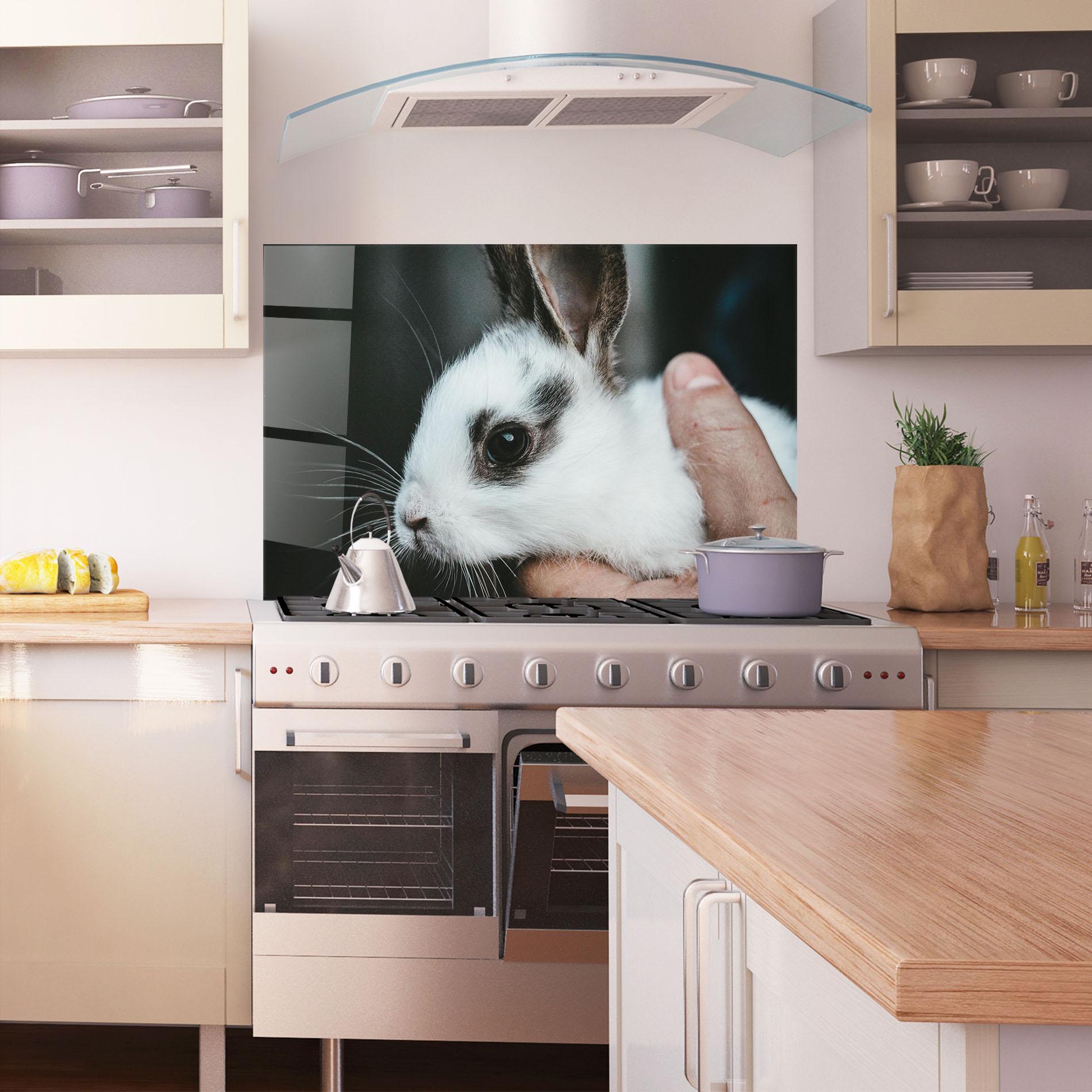 Küchenrückwand Glas Holding Cute Bunny mockup 1