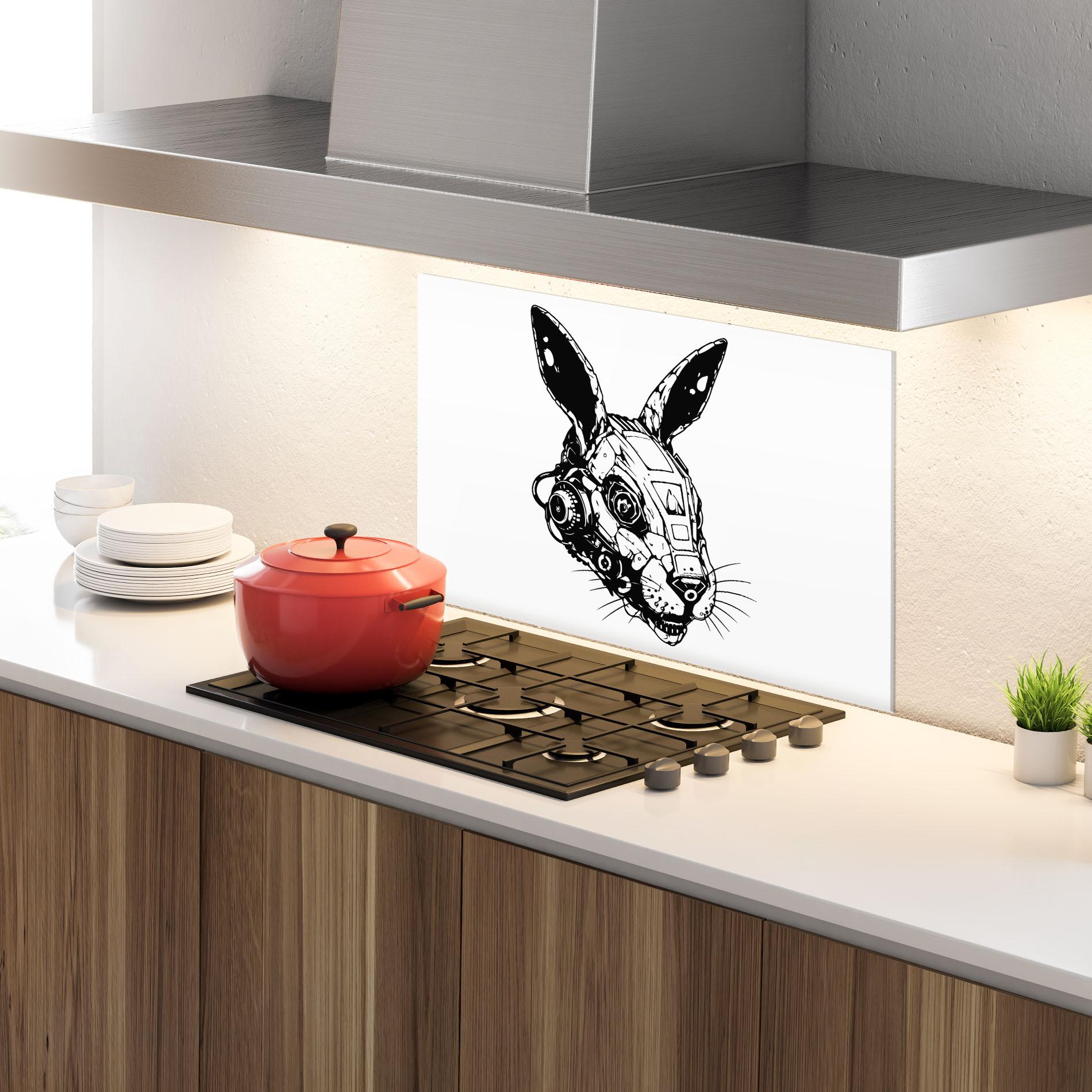 Küchenrückwand Glas Rabbit Cyborg mockup 4