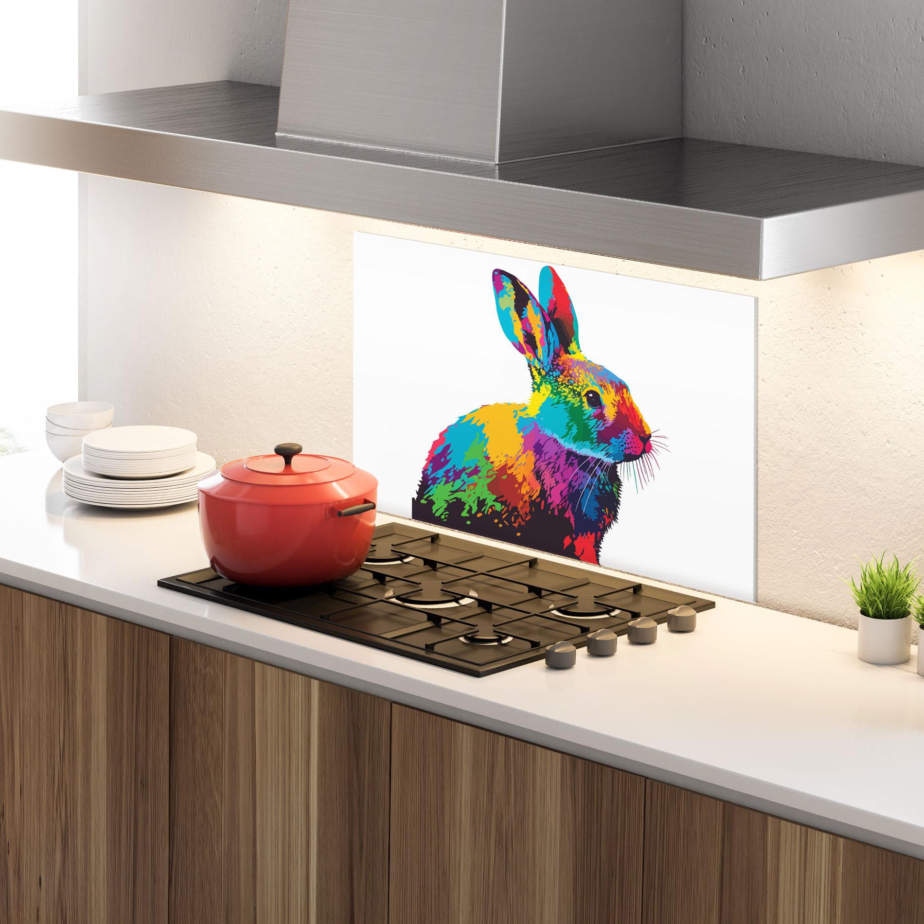 Küchenrückwand Glas Yellow Blue Bunny mockup 4