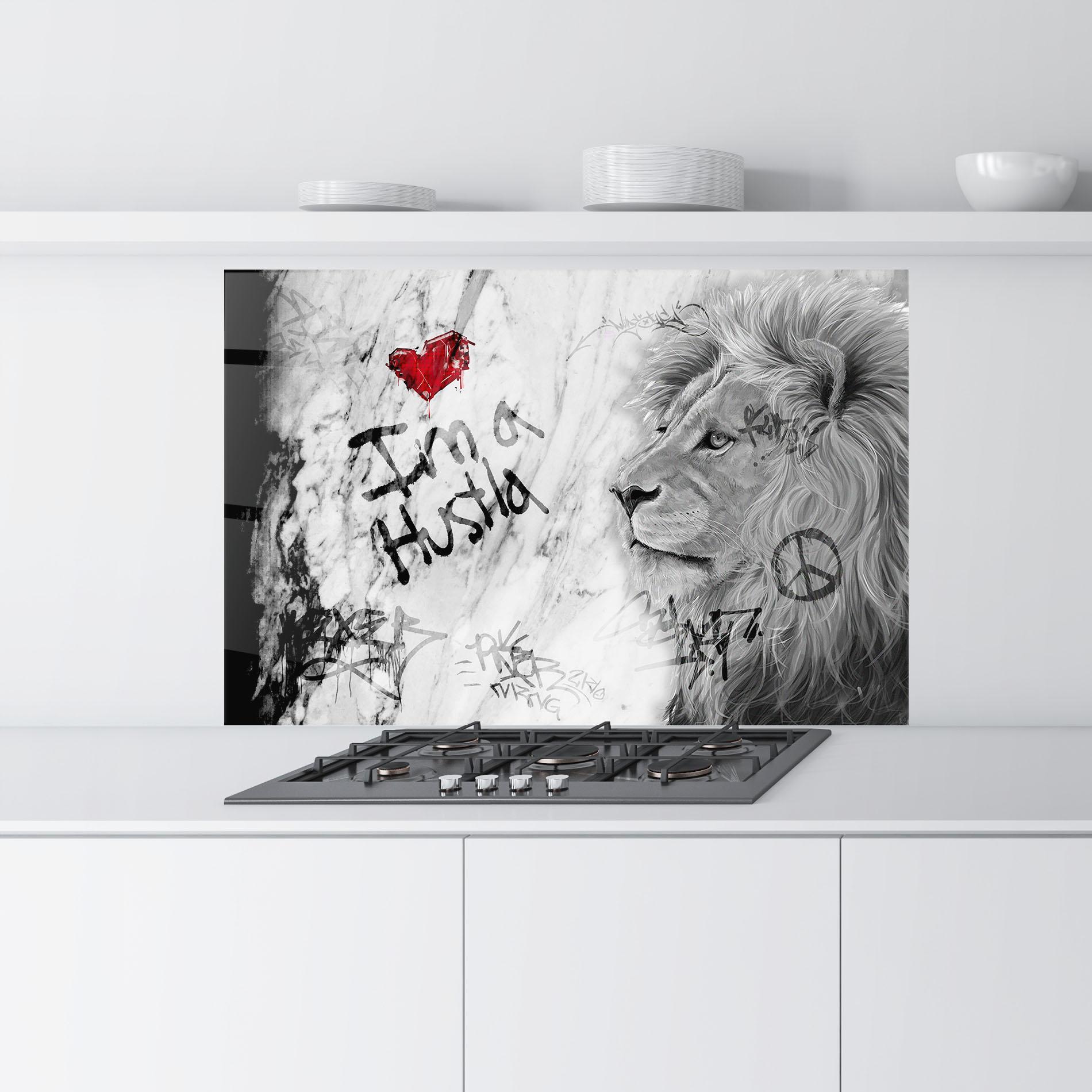 Küchenrückwand Glas Lion Hustler mockup 9